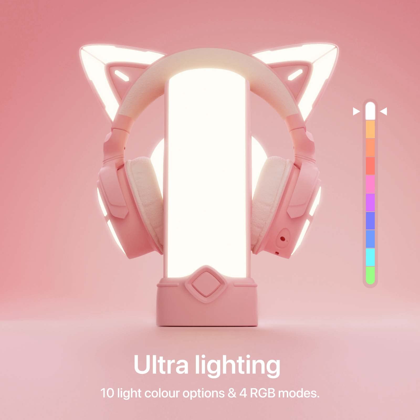 YOWU RGB Cat Ear Headphones with Crystal Stand - Pink Gaming Headset for PC, PS5, Switch | Wireless Bluetooth Headphones with LED Lights for Girls, Streaming, Anime Cosplay