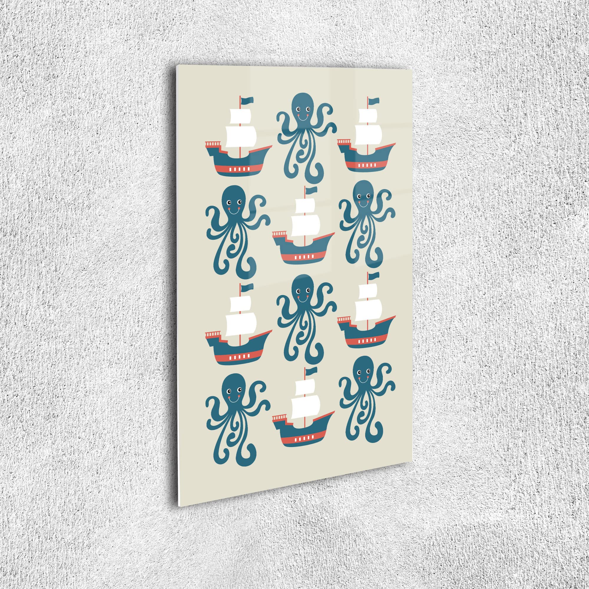 Lunarable Nautical Acrylic Glass Wall Art - Pirate Ship & Octopus Sailboat Sails Flag Print - 19