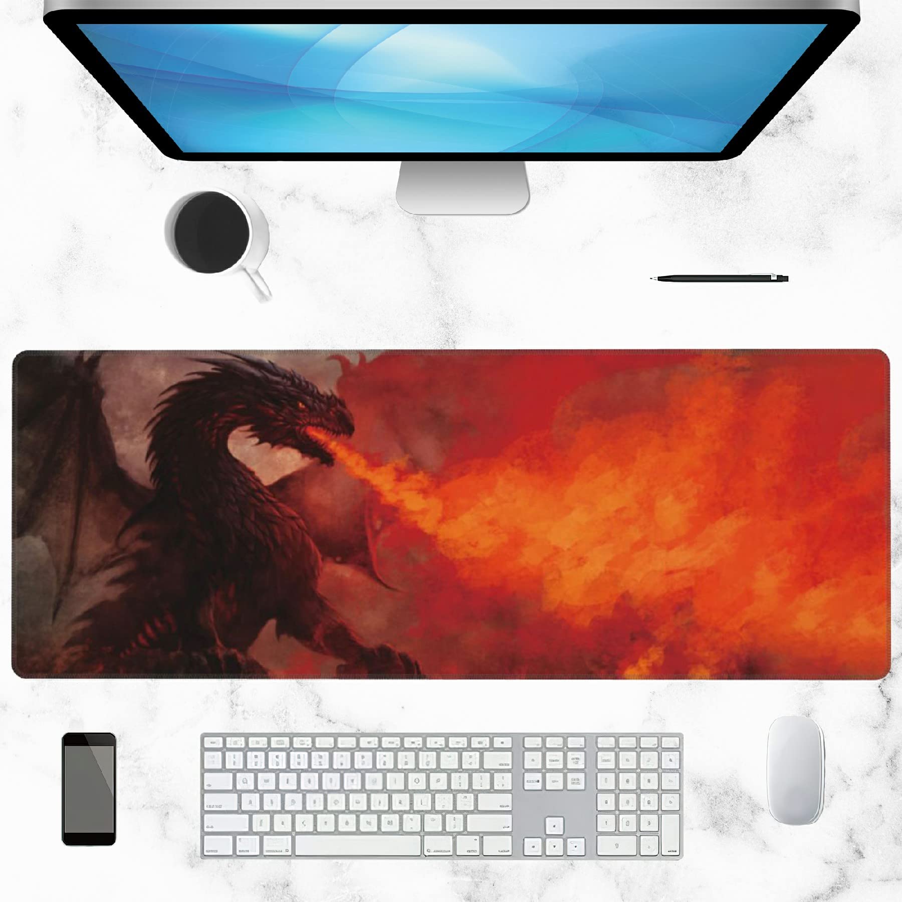 Elightvap Large Gaming Mouse Pad with Dragon Design - Non-Slip Rubber Base & Stitched Edges - 35.5