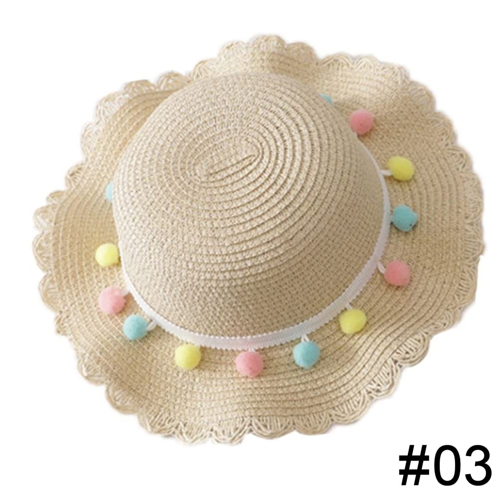 Women's Wide Brim Straw Sun Hat with Colorful Pompoms - UPF 50+ UV Protection Floppy Beach Hat for Ladies & Girls - Portable Foldable Summer Hat for Vacation, Pool Party, and Outdoor Activities (Beige)