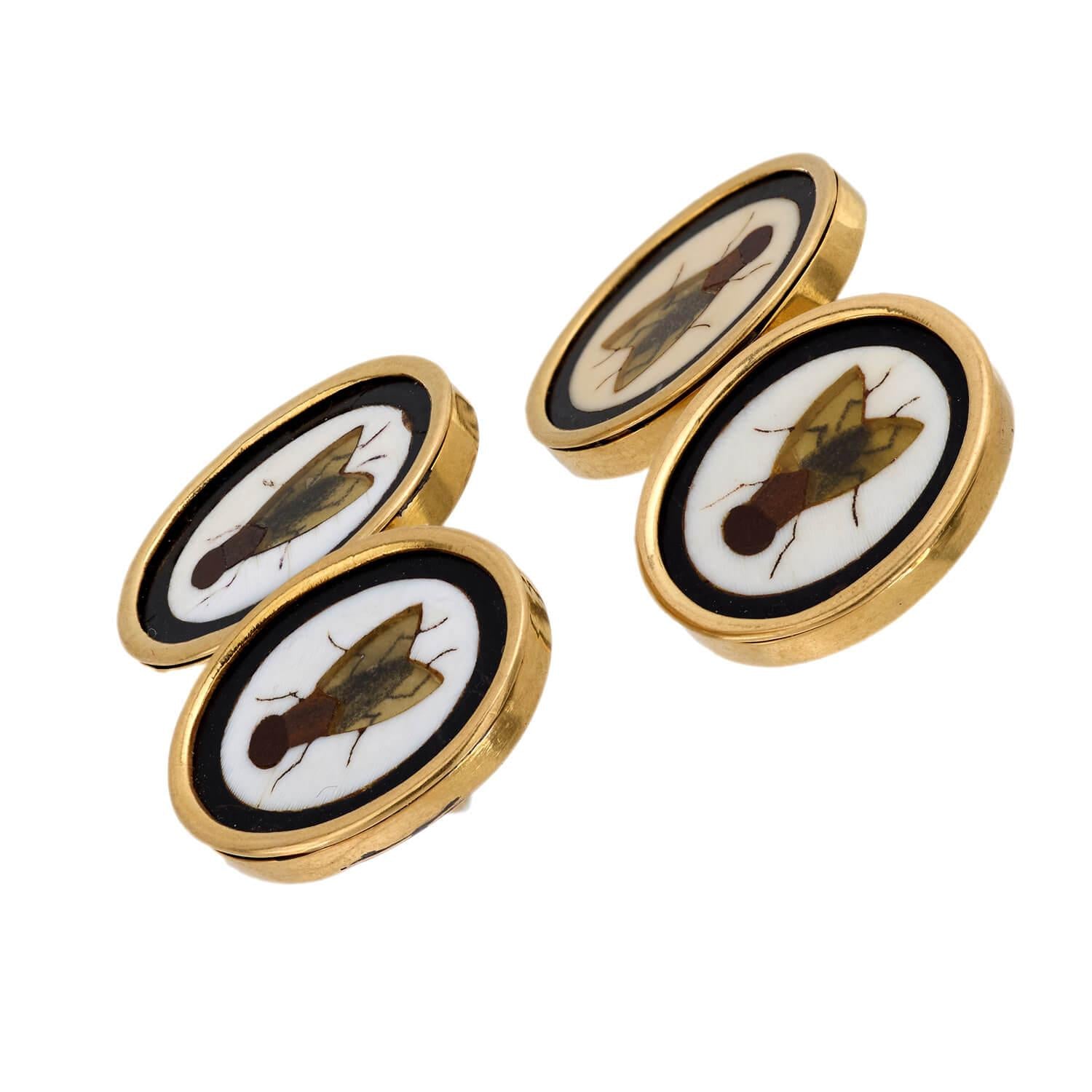 Exquisite Victorian 18K Gold Pietra Dura Fly Motif Cufflinks for Men - Luxury Jewelry Gift for Weddings & Formal Events