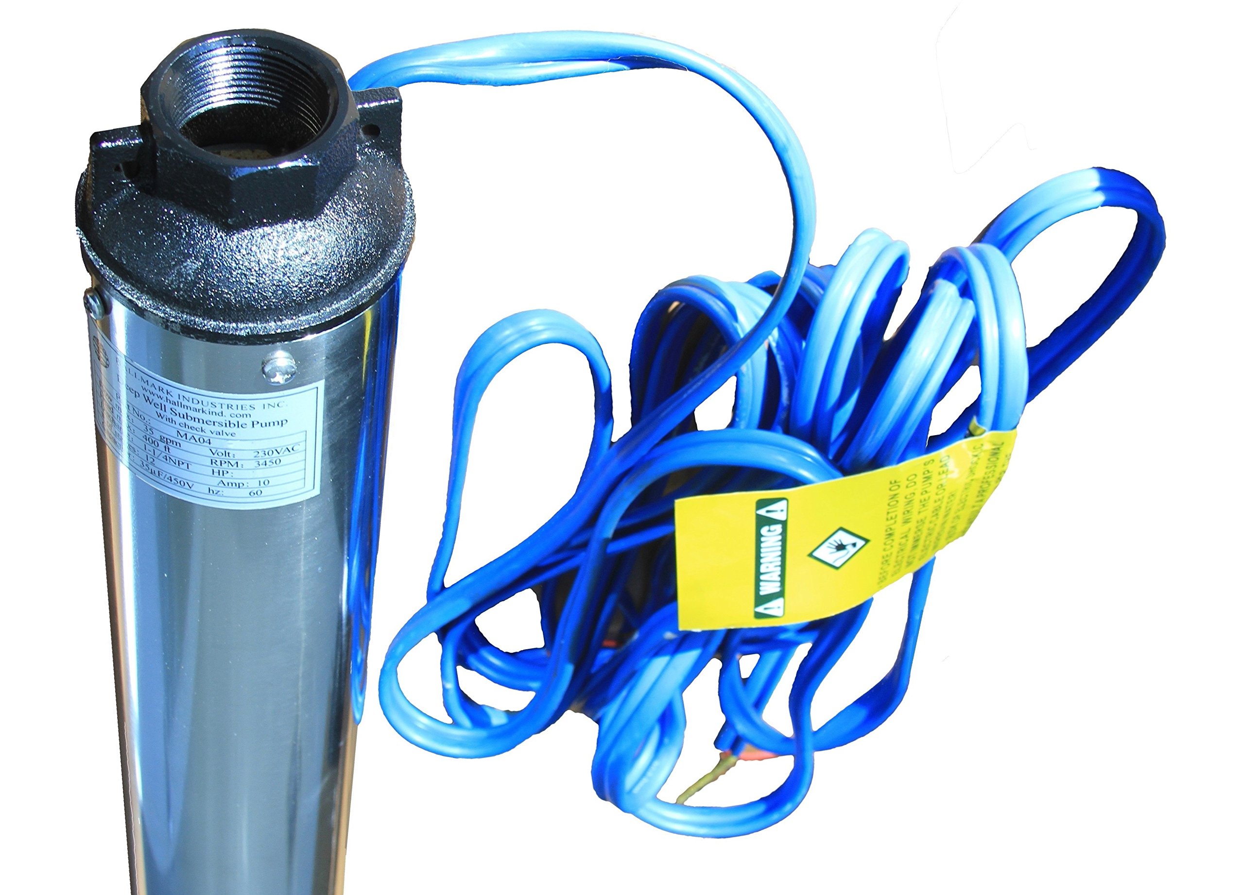 Hallmark Industries MA0343X-4 1/2 HP Deep Well Submersible Pump - 110V, 60Hz, 25 GPM, 150ft Head, Stainless Steel, 4 Inch - Ideal for Residential Water Supply, Irrigation & Farm Use