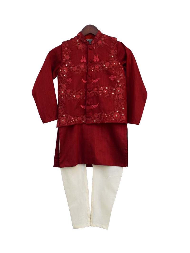 Pre Order: Stylish Maroon Embroidery Jacket with Kurti & Churidar Set - Elegant Ethnic Outfit for Women | Perfect for Weddings, Festivals & Special Occasions