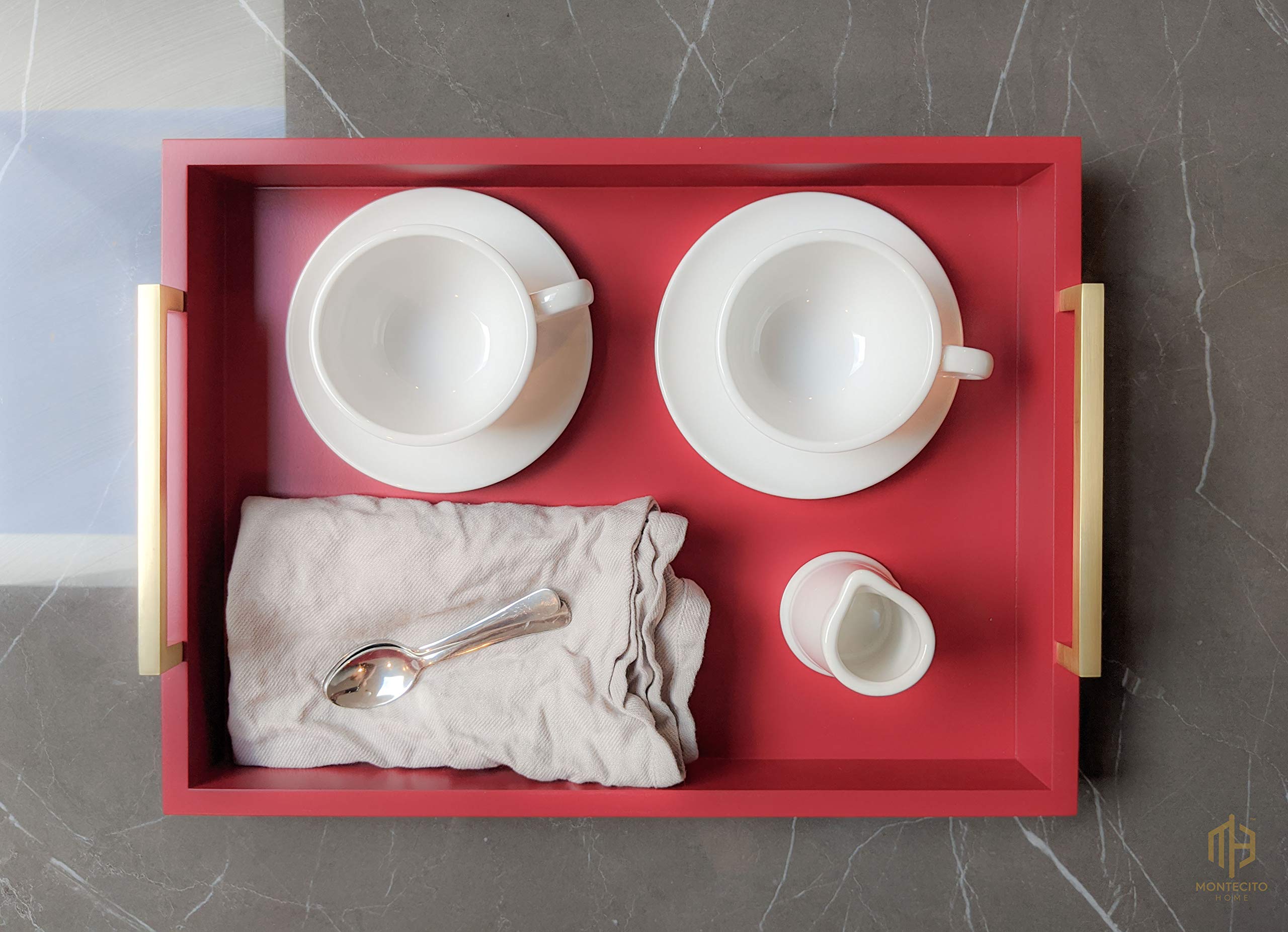 Farmhouse to Modern Decorative Coffee Table Tray with Champagne Gold Handles - Ottoman Serving Tray for Breakfast, Drinks & Liquor - Matte Finish Crimson Red - Perfect for Living Room, Bedroom & Home Decor