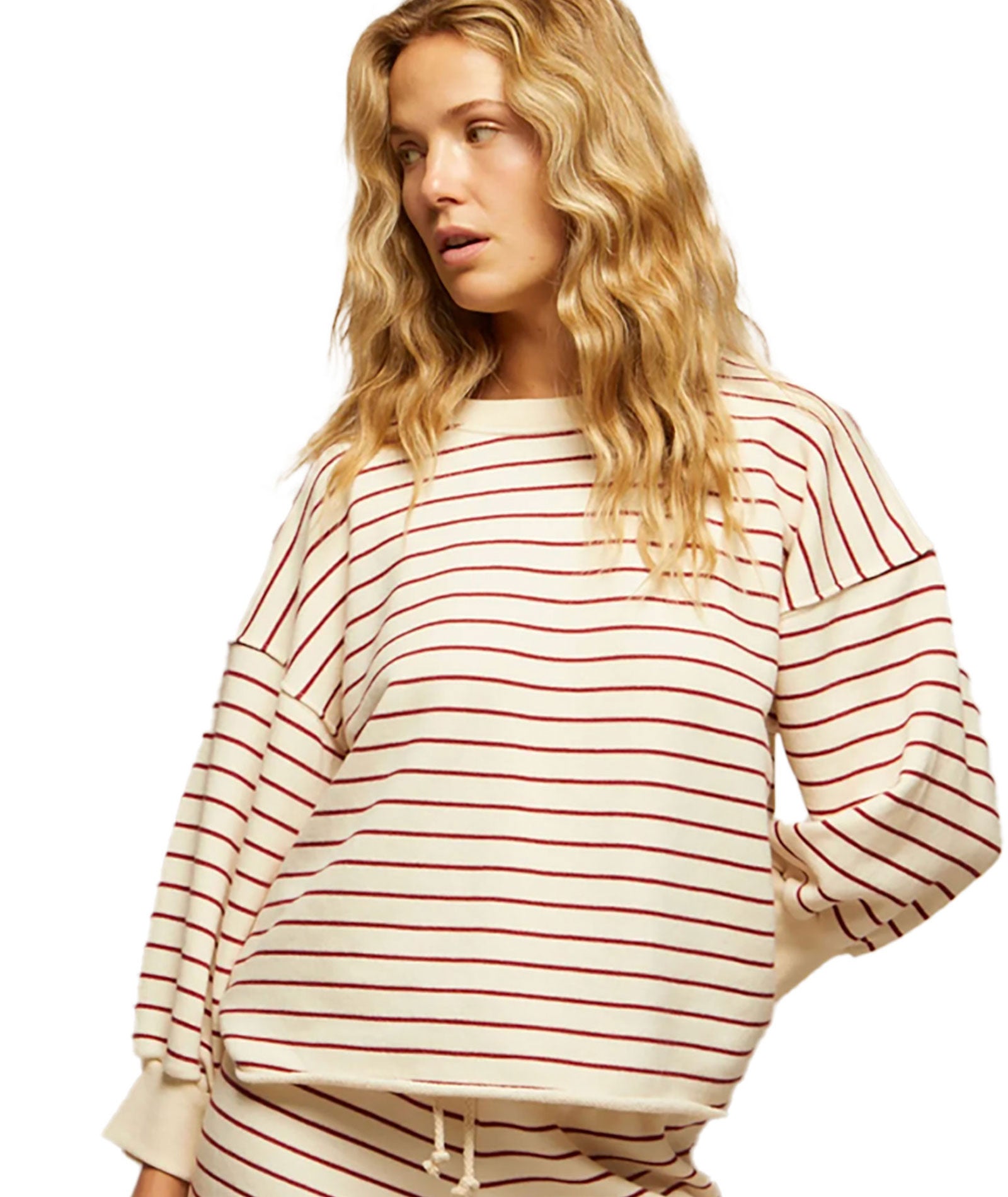 Women's Perfect White Tee Niall Fleece Pullover - Red/Natural Stripe | Soft & Cozy Fleece Sweatshirt for Casual Wear, Layering & Winter Outfits