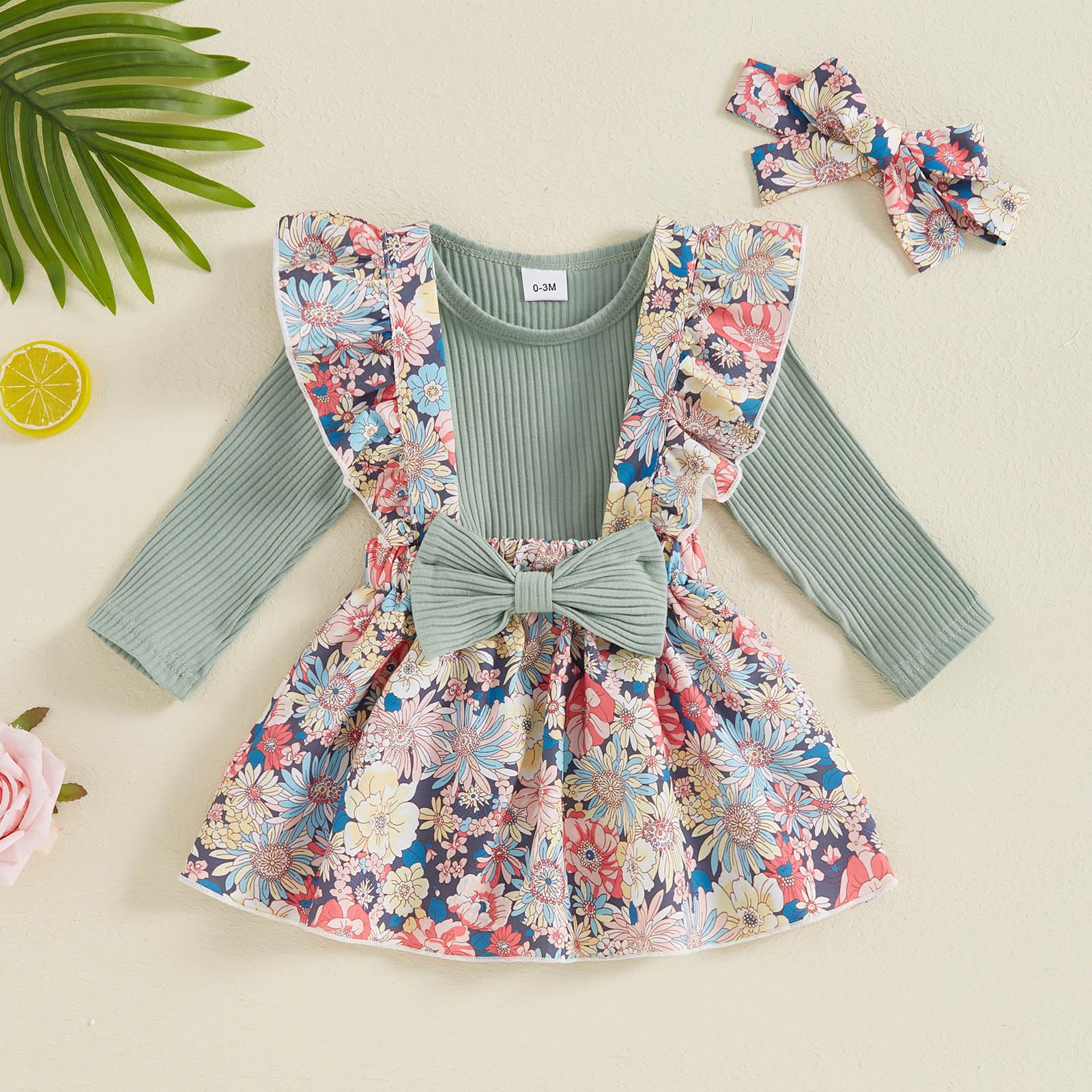 Newborn Baby Girl Outfit Set - Soft Long Sleeve Ribbed Romper + Adorable Bow Suspender Skirt + Matching Headband | Cozy Winter & Fall Infant Clothes | Perfect for Photoshoots, Holidays & Special Occasions