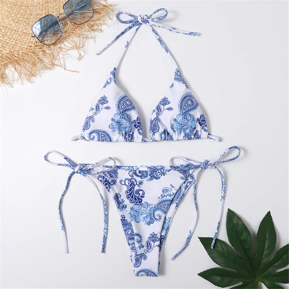 Sexy Halter Triangle Bikini Set - Women's Patent Leather Glitter Swimsuit with G-String & Side Lace Up Design | Perfect for Summer Beach Vacation, Pool Party & Tropical Getaway