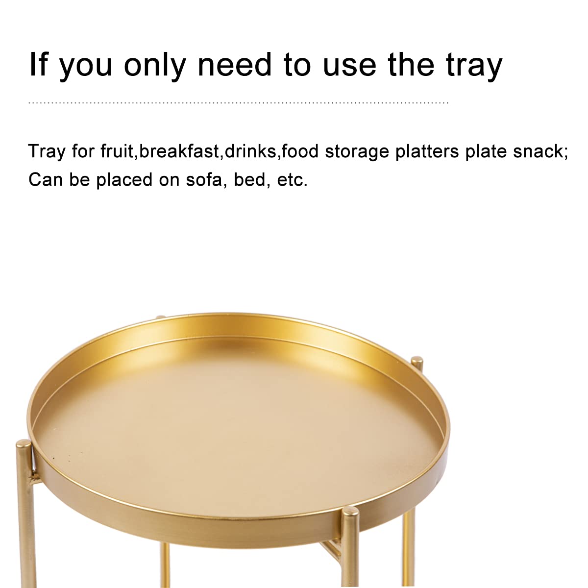2-Tier Round Folding Side Table with Removable Tray - Gold Metal End Table for Living Room, Bedroom, Patio - Perfect for Coffee, Snacks, Books (15.7
