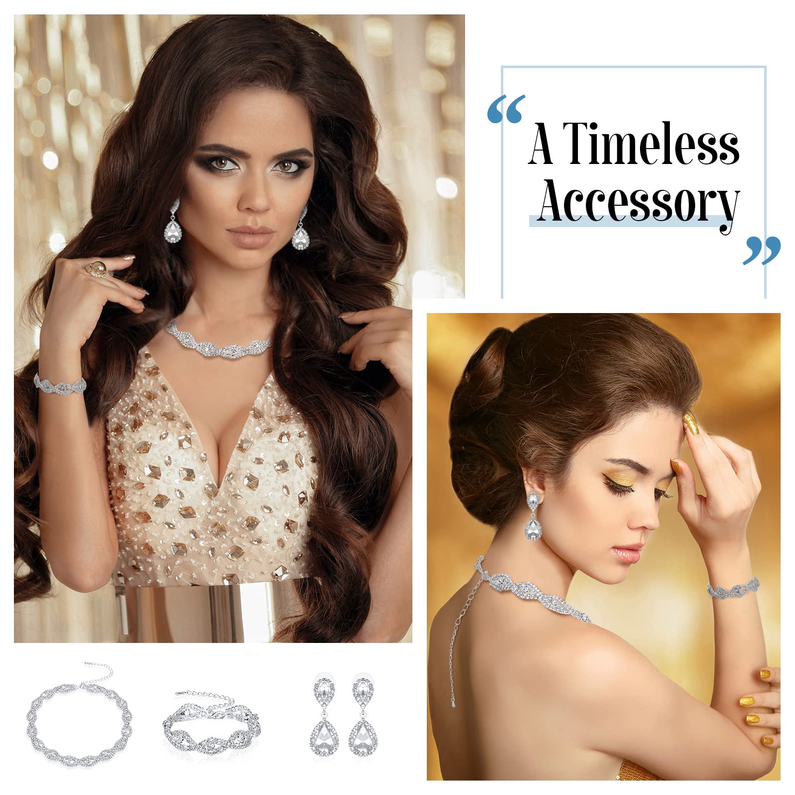 Sanwuta 4 Pcs Silver Clutch Purses for Women - Rhinestone Jewelry Set with Necklace, Earrings & Bracelet - Elegant Evening Prom Accessories for Parties, Weddings & Special Occasions
