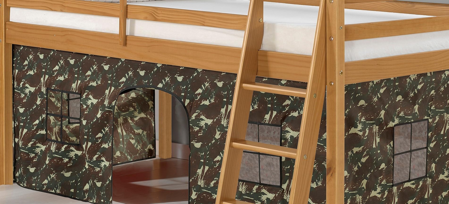 Roxy Junior Loft Bed Twin Size - Cinnamon Finish with Green Camo Bottom Tent, Safety Guardrails & Versatile Ladder | Machine-Washable Playhouse Tent for Kids Bedroom | Perfect for Small Spaces, Sleepovers & Playtime Adventures