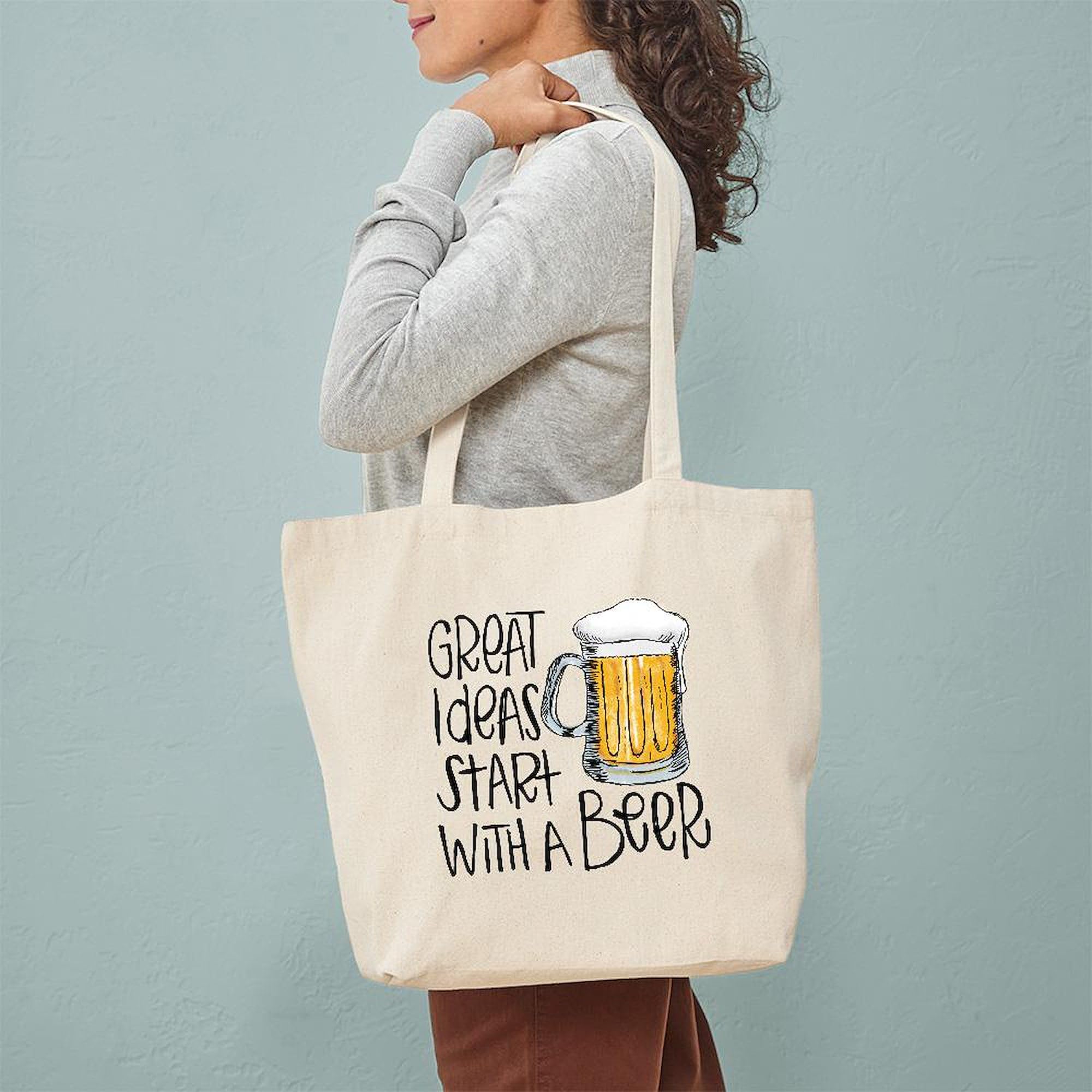 Great Ideas Start With A Beer - Natural Canvas Reusable Shopping Tote Bag | Eco-Friendly Grocery & Beach Bag for Men & Women | Perfect for Shopping, Picnics & Daily Use