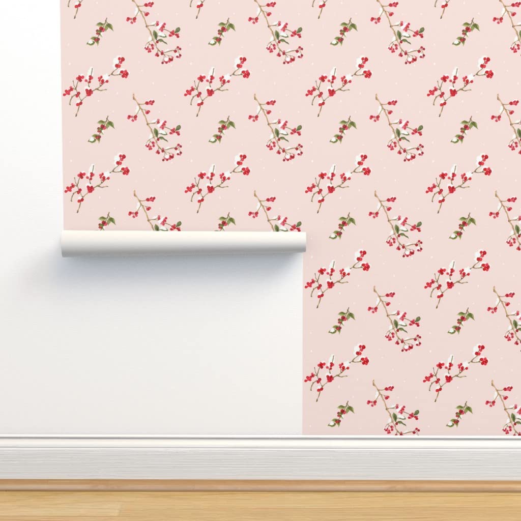 Peel & Stick Wallpaper Swatch - Snow Berries Pink Holiday Winter Leaves Christmas Woodland Blush Custom Removable Wallpaper by Spoonflower | Perfect for Nursery, Bedroom, Living Room & Holiday Decor