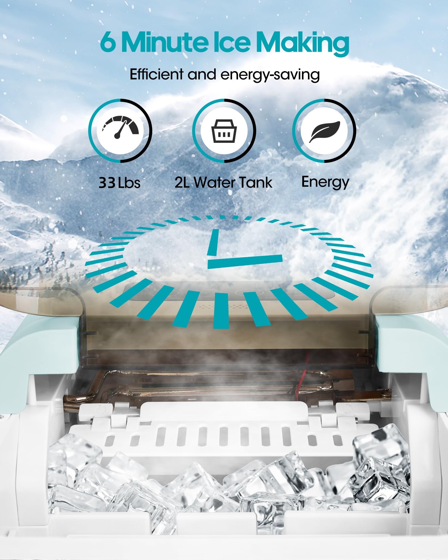 Smart Ice Maker Countertop - 33 lbs/Day, 9 Cubes in 6 Mins, Self-Cleaning Compact Wi-Fi Ice Machine with App Control, 2 Sizes Bullet Ice Makers for Home, Kitchen, Office, Camping & RV - Perfect for Parties, BBQs and Outdoor Adventures