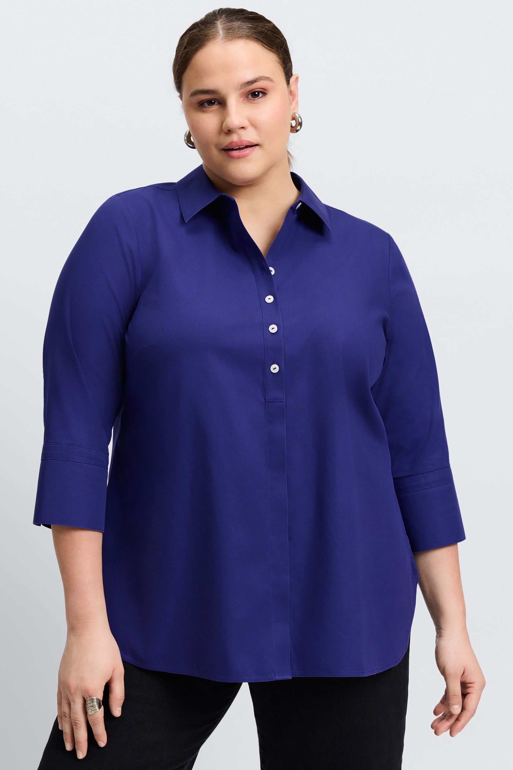 Madison Plus No Iron Pinpoint 3/4 Sleeve Tunic Shirt for Women - Wrinkle-Free Office Wear & Casual Outfits