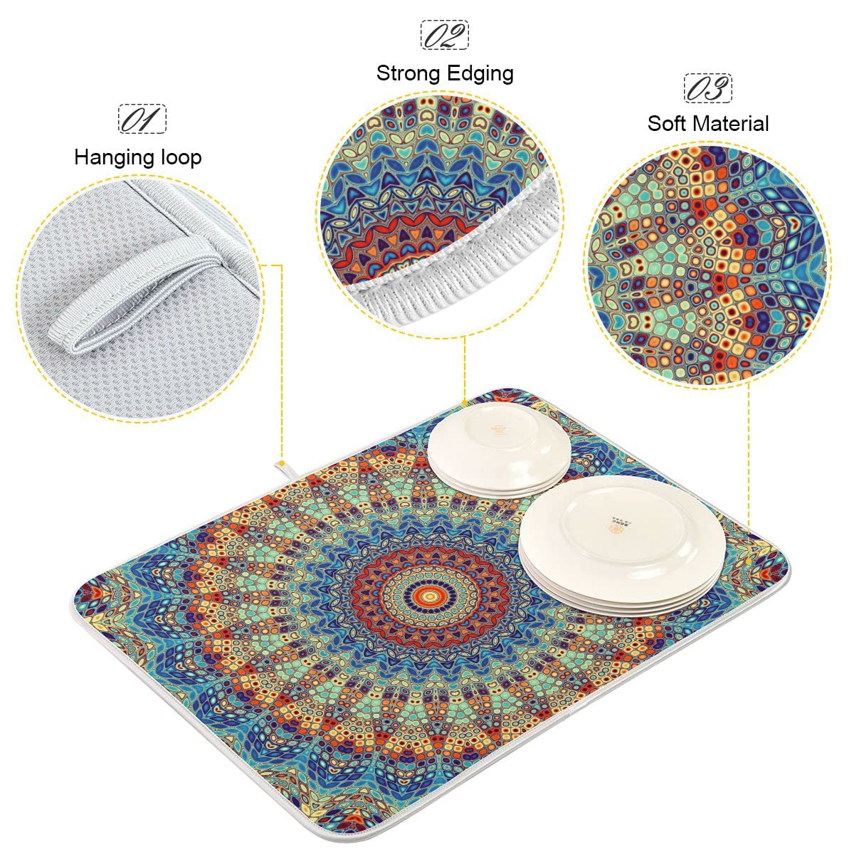 Bohemian Mandala Dish Drying Mat - Absorbent Microfiber 16x18