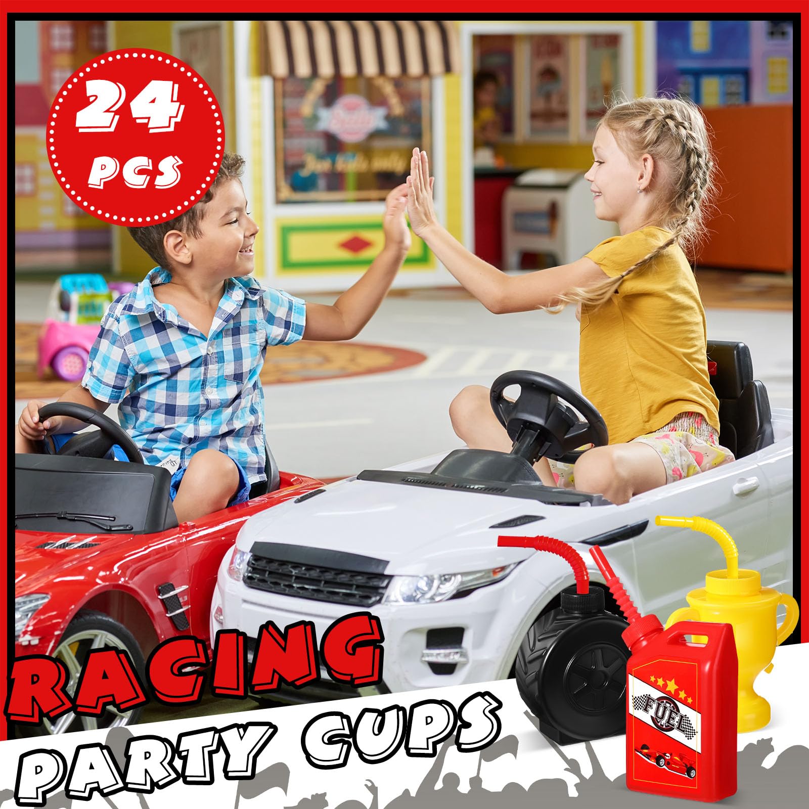 Mifoci 24 Pcs Race Car Themed Plastic Cups with Straws - Tire Shaped Party Cups in Red & Yellow for Racing Birthday, Construction Theme Party, Kids Celebration & Sports Event Decorations