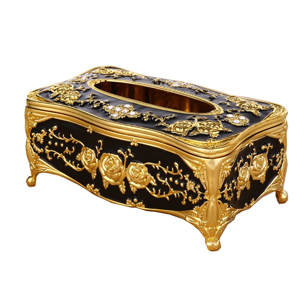 Shining Diamond Engraved Rose Tissue Box Cover - European Style Rectangular Napkin Holder for Home, Office, Bathroom & Travel - Elegant Golden Black Tissue Box Decor - Perfect for Dining Tables, Desks, Vanities & Restaurants