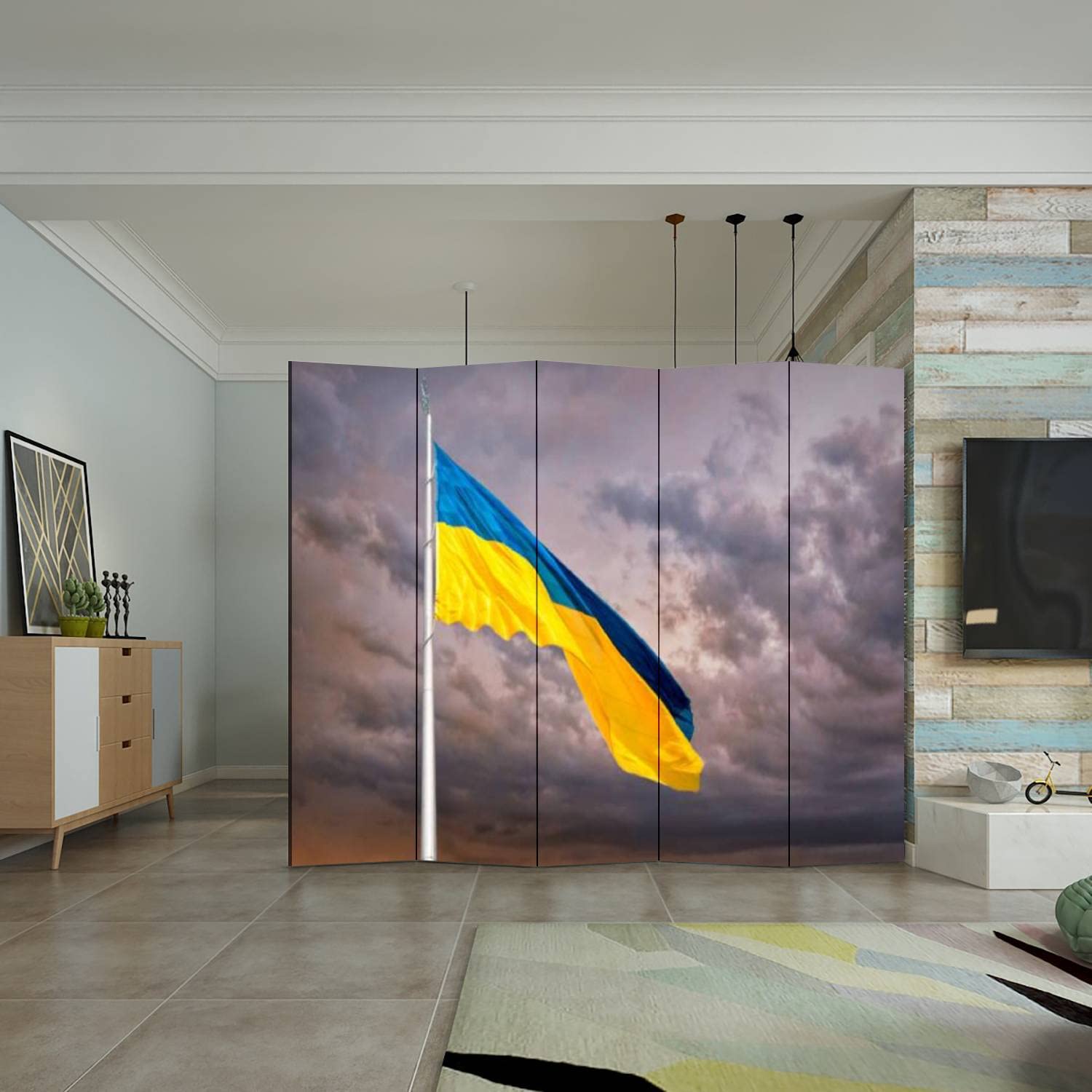 5-Panel Ukrainian Flag Room Divider - Blue & Yellow Folding Canvas Privacy Screen for Indoor & Outdoor Use | Freestanding Partition for Home, Office, or Event Decor