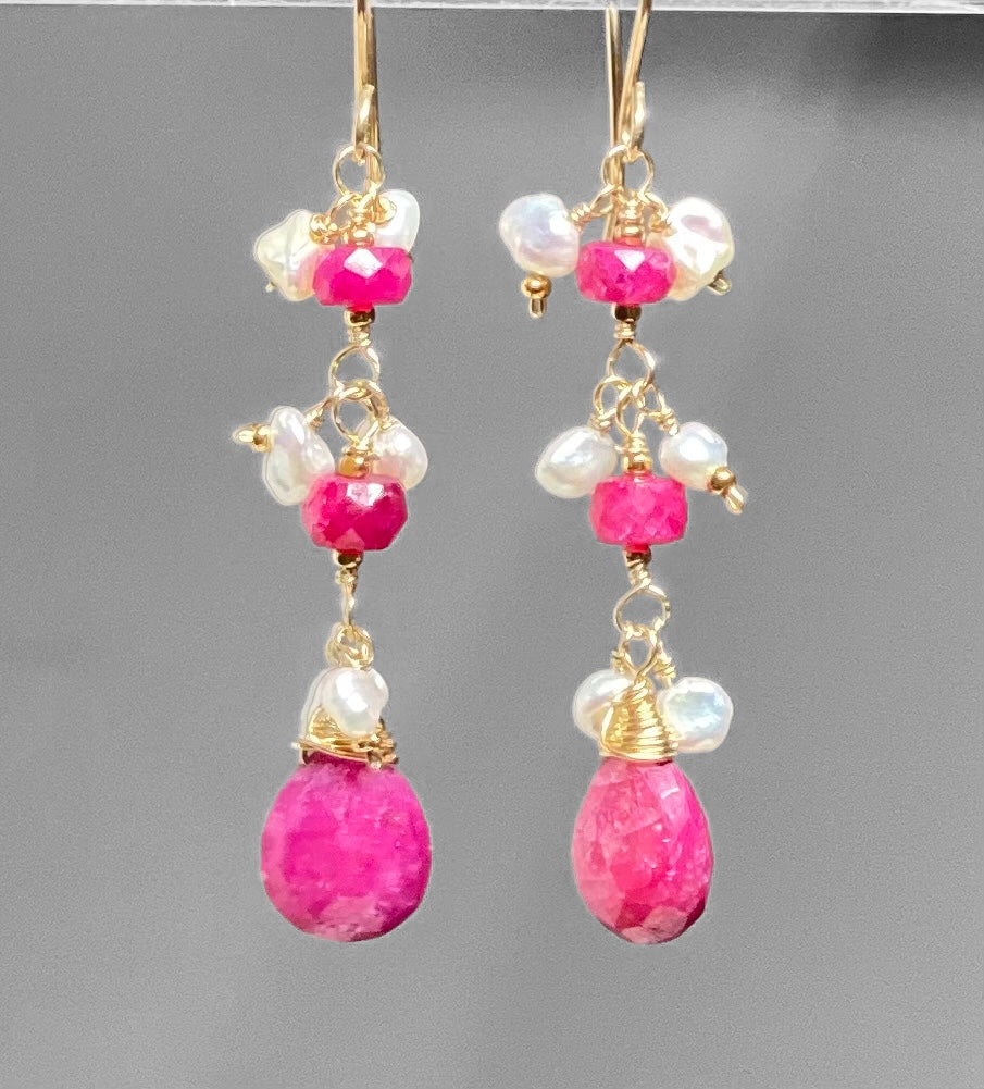 Gold Filled Ruby Dangle Earrings with Pearls - Elegant Jewelry for Women, Perfect for Parties, Weddings & Special Occasions
