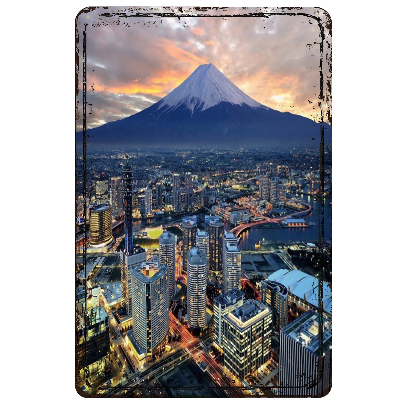 Vintage Metal Wall Art Decor - Scenic View of Yokohama City & Chureito Pagoda Japan, 8x12 Inch (20x30cm) Japanese Travel Theme Canvas Wall Art - Perfect for Home, Office, or Gift Giving