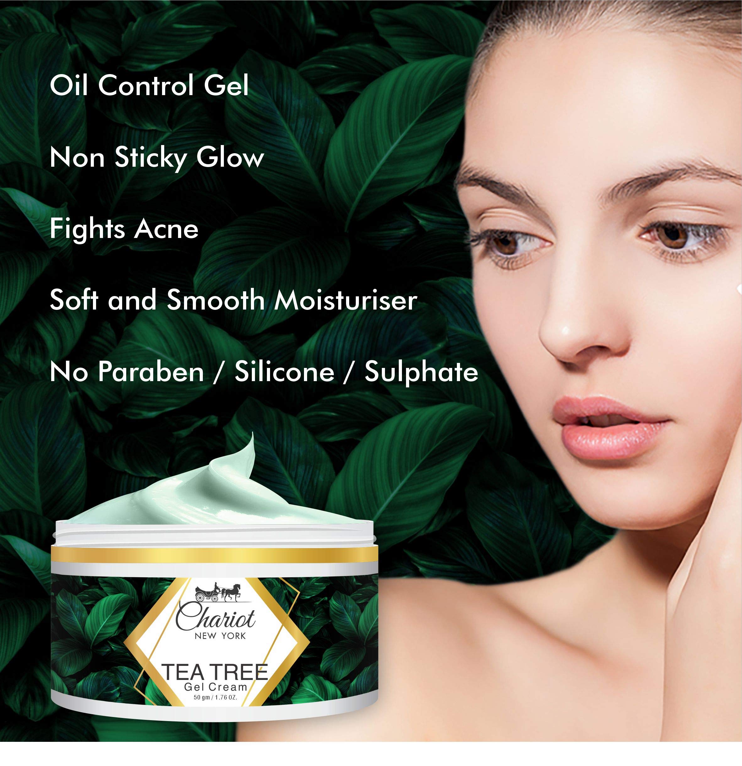 Chariot New York Tea Tree Face Gel Cream 50gm - Oil-Free Hydrating Moisturizer for Acne-Prone Skin | Perfect for Daily Skincare Routine & Blemish Control