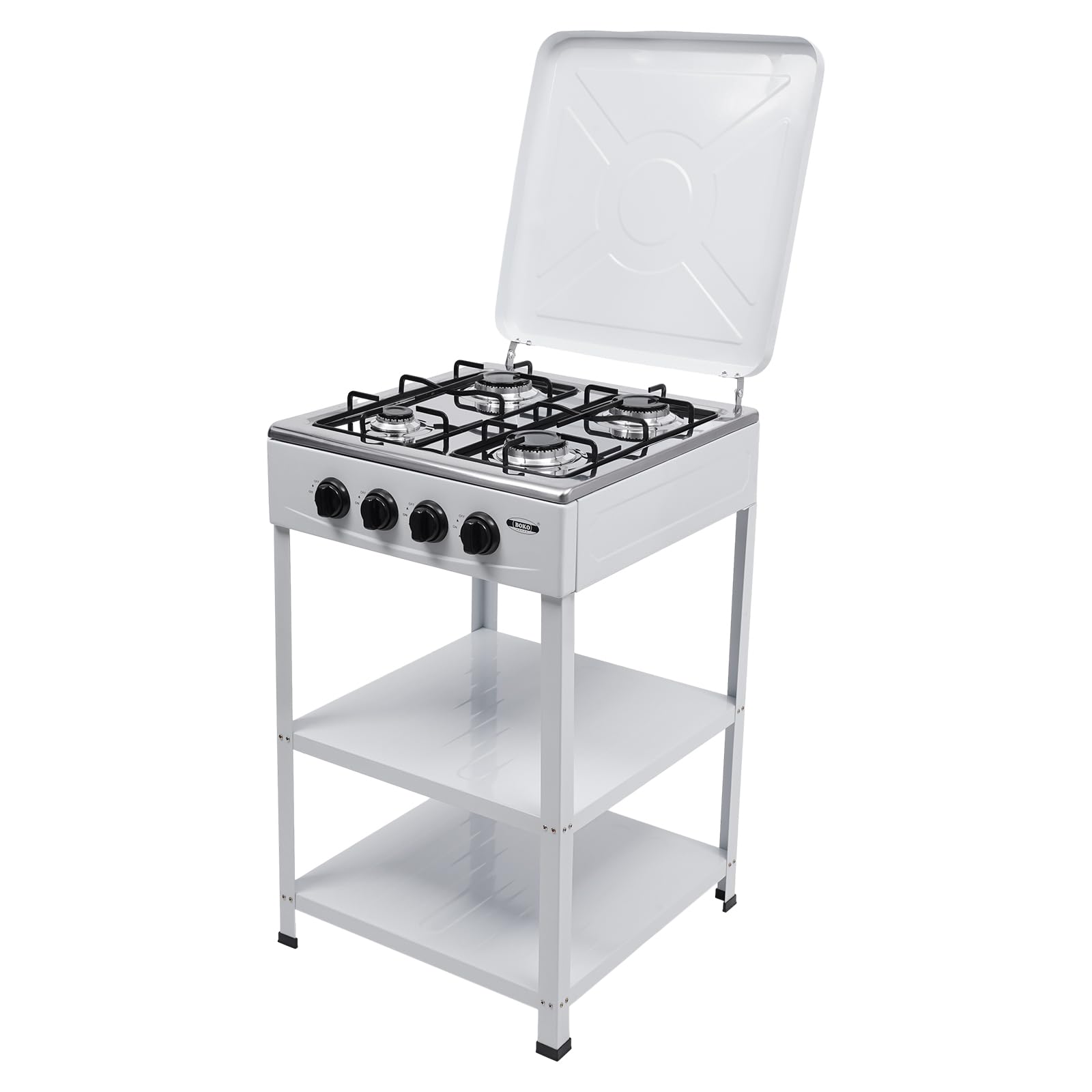 4 Burner Gas Stove - Heavy Duty Portable Outdoor Propane Stove with Wind Blocking Cover, Double Storage Shelves & Independent Knobs - Perfect for Camping, BBQ, Picnics & Backyard Cooking (White)