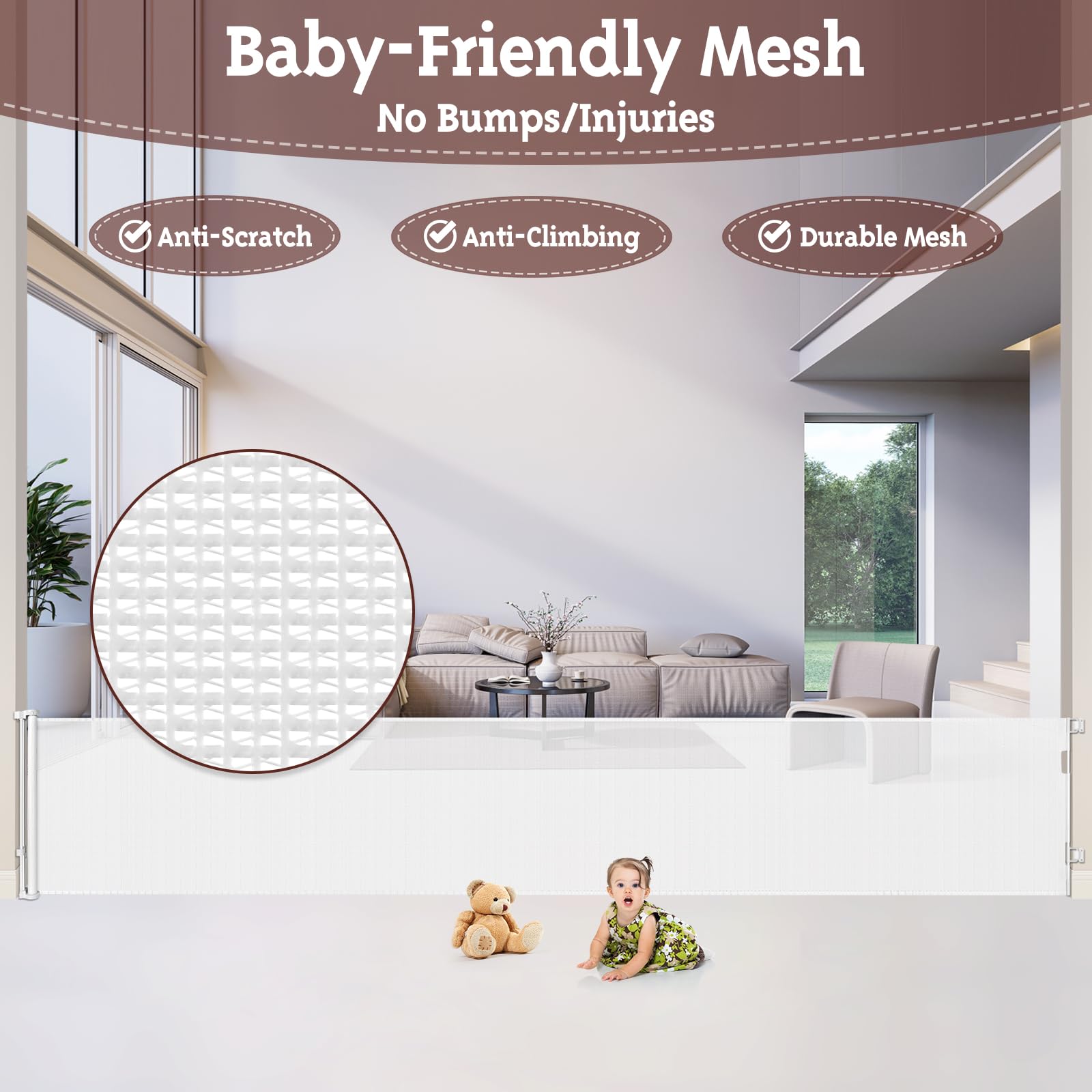 150 Inch Extra Wide Retractable Baby Gate & Pet Gate - Indoor/Outdoor Safety Barrier for Large Openings, Doorways, and Living Rooms - White Mesh Design for Dogs & Babies - Perfect for Stairs, Hallways, and Wide Spaces