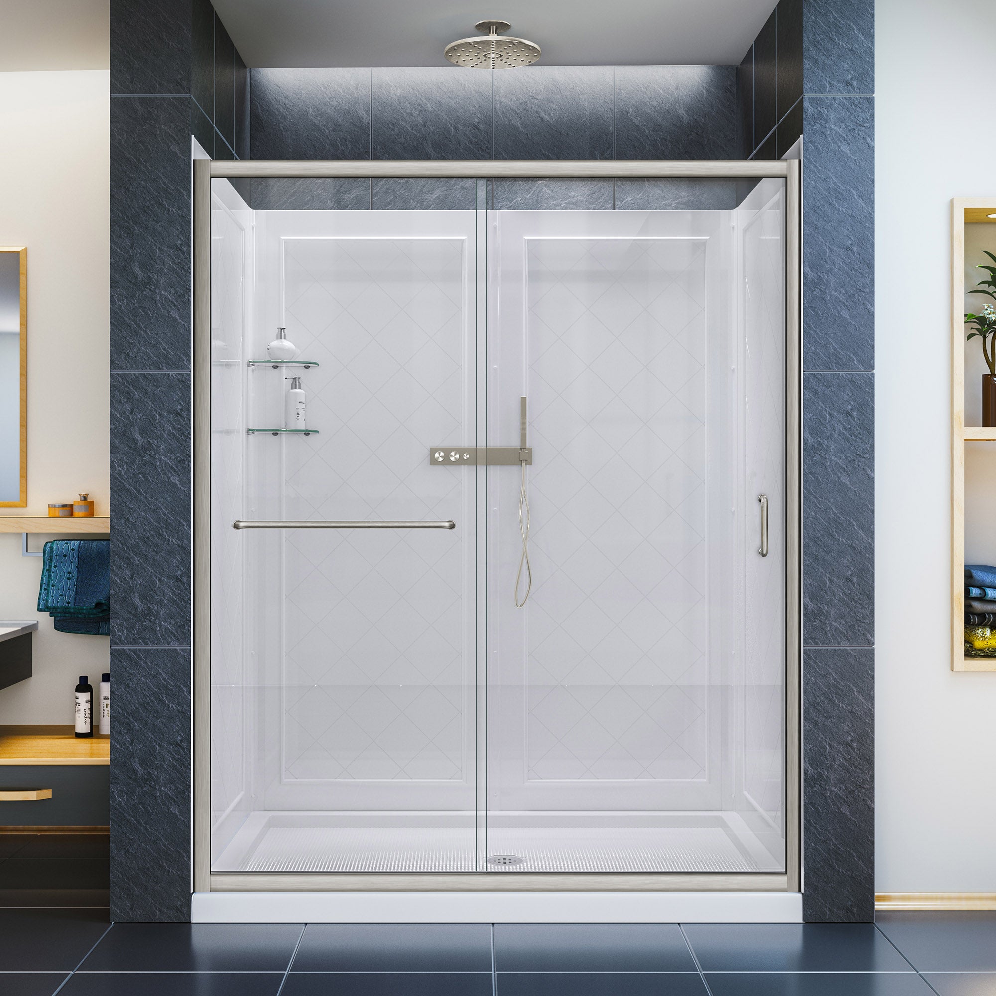 DreamLine Infinity Z 30x60x76.75 Inch Semi-Frameless Sliding Shower Door with Clear Glass, Shower Base & QWALL 5 Backwall Kit - Modern Bathroom Upgrade for Spa-Like Experience