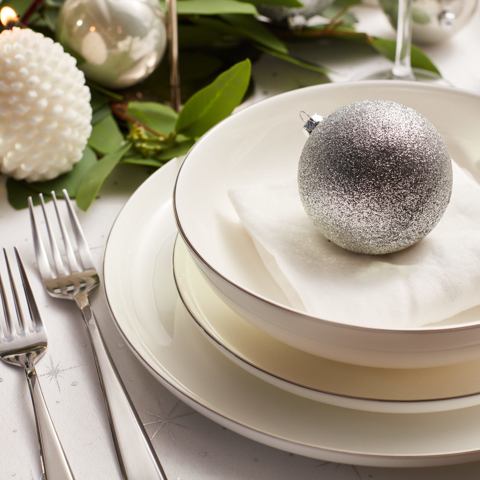 Premium Gabrielle Bone China Dinnerware Set - Elegant White & Platinum 12-Piece Set for Formal Dining & Special Occasions