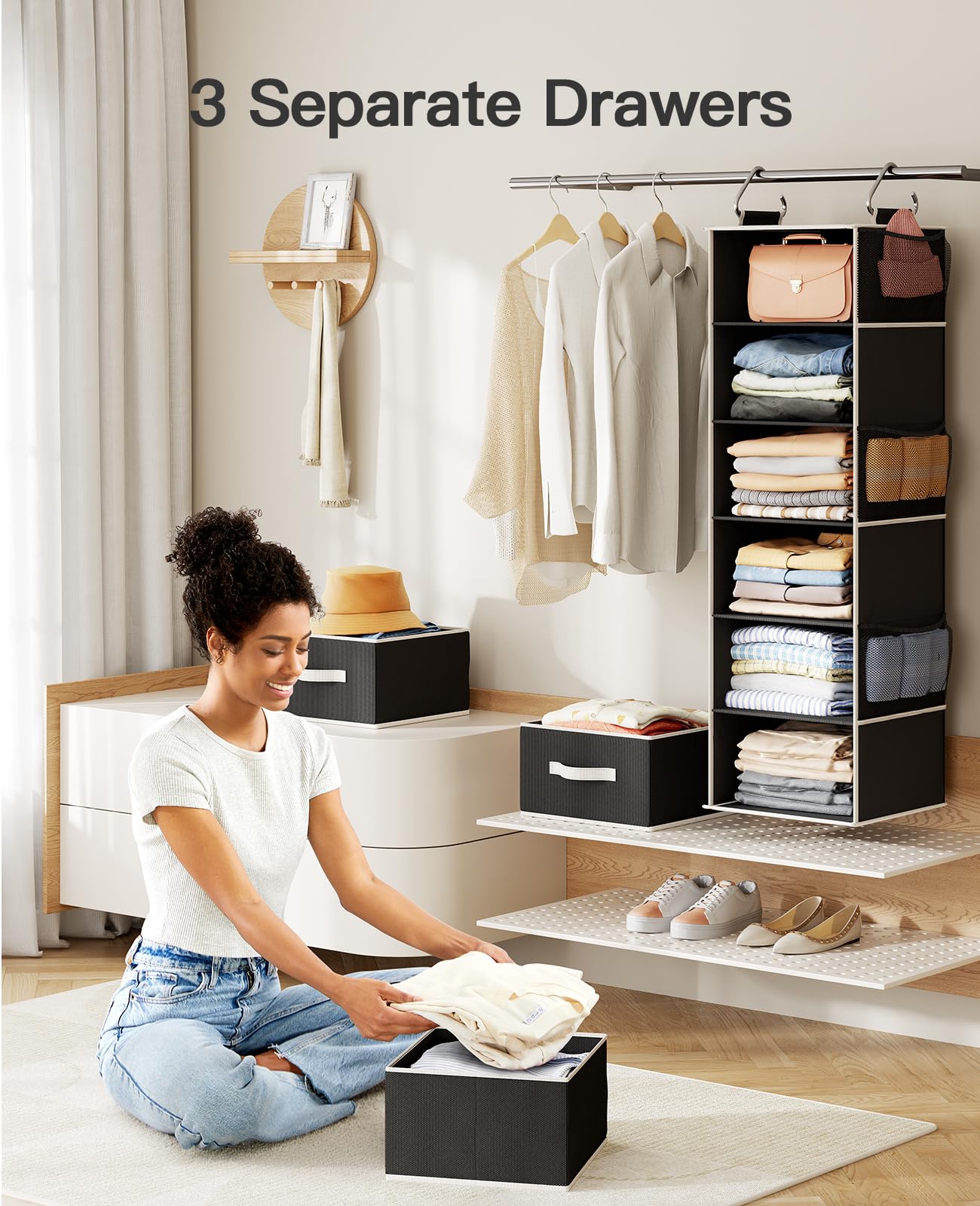 Pipishell 6-Shelf Hanging Closet Organizer with 3 Removable Drawers & Side Pockets - Space Saving Storage Solution for Clothes, Shoes & Accessories - Perfect for Bedroom, Closet or Garment Rack (12