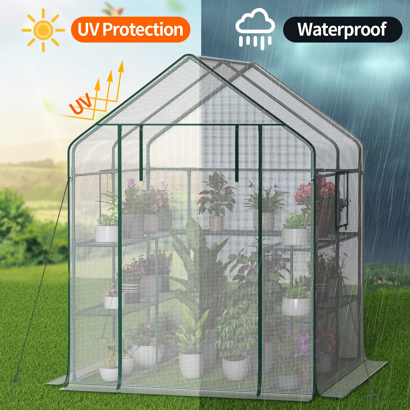 4-Tier Greenhouse with 2 Mesh Windows & 10 Shelves - Durable PE Cover with Stabilizing Pegs & Ropes - Outdoor Plant Growing Solution for Gardens, Herbs, Flowers & Seedlings - Perfect for Balcony, Patio or Backyard Gardening