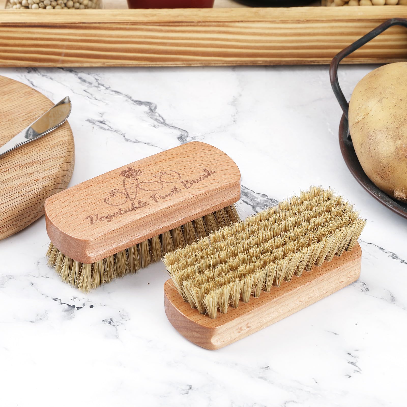 Organic Vegetable Brush Set - 3 Pack Potato & Carrot Scrubber for Fruits & Veggies | Eco-Friendly Kitchen Cleaning Tool for Cucumber, Apple, Sweet Potato | Dishwasher Safe Food Wash Brush