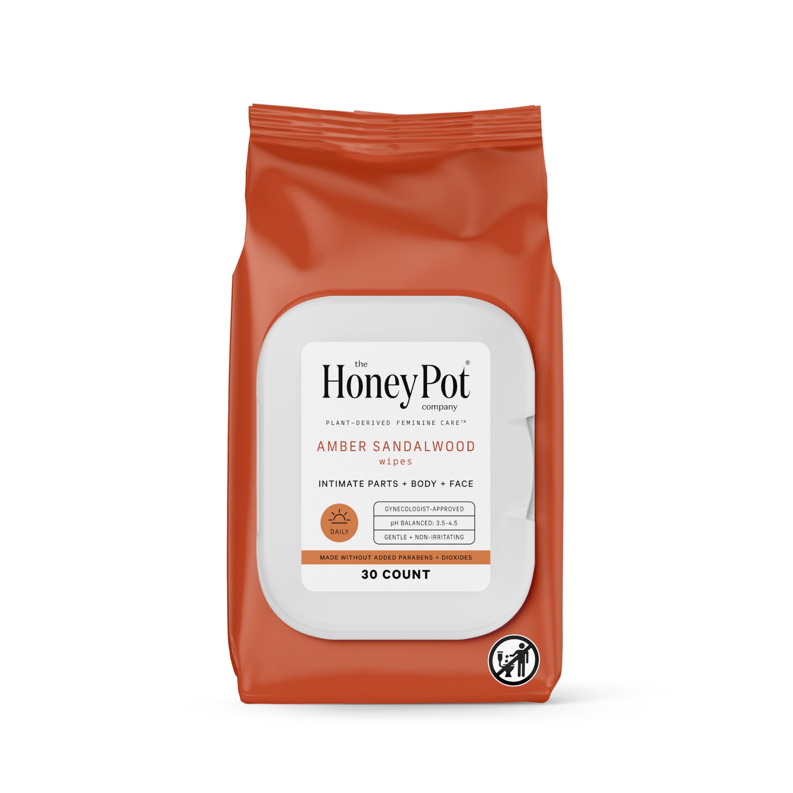 The Honey Pot Company - pH Balancing Feminine Wipes for Women, Fragrance & Sulfate Free Intimate Wipes - Gentle Cleansing for Daily Hygiene, Body & Face Care - 30 Count (Amber Sandalwood Scent) | Perfect for Travel, Gym & Post-Workout Freshness