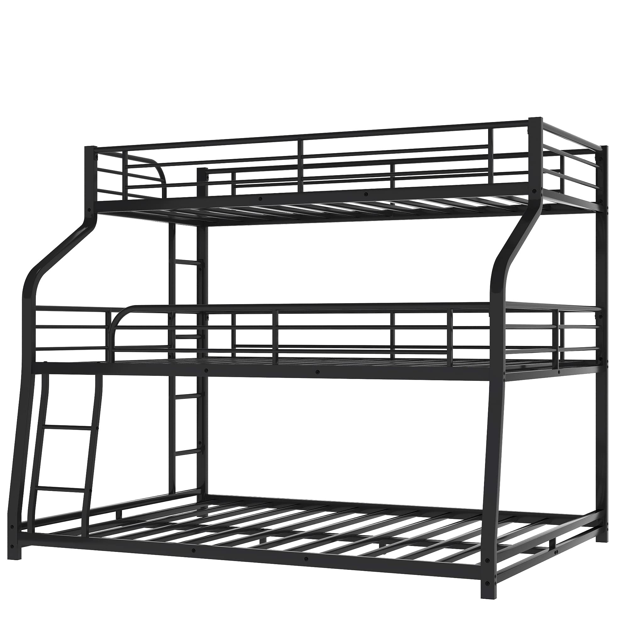 RUNNA Triple Bunk Bed Frame - Twin XL/Full/Queen Metal Bunk Bed with Safety Guardrails & Ladder Options for Kids, Teens & Adults | No Box Spring Required | Space-Saving Solution for Dorms, Kids' Rooms & Small Apartments (Black)