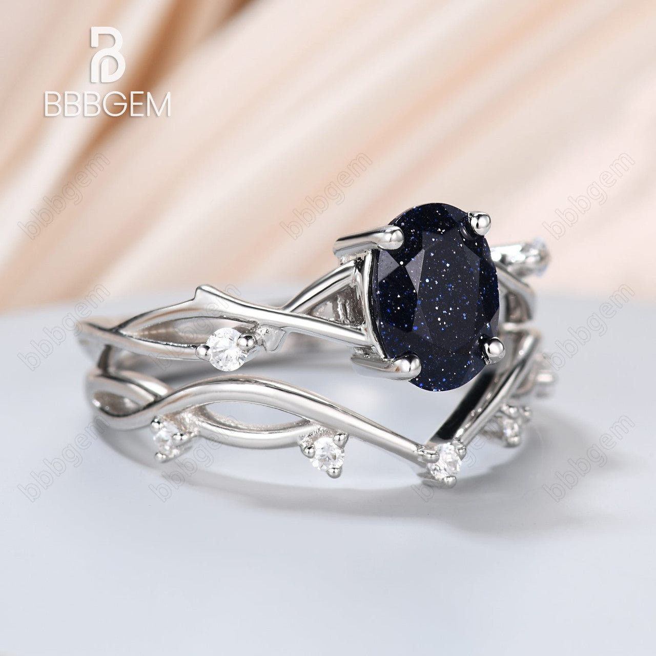 Oval Blue Sandstone Engagement Ring Set - 14K White Gold Solitaire Diamond Ring with Willow Twig Vine Design | Perfect for Proposals, Anniversaries & Wedding Jewelry