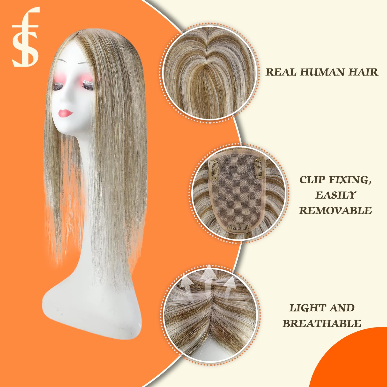 18 Inch Ash Brown Highlights Light Blonde Clip-In Hair Toppers for Women - Real Human Hair 3x5 Inch Hairpiece for Thinning Hair - Brazilian Virgin Hair Extensions for Daily Wear, Parties & Special Occasions