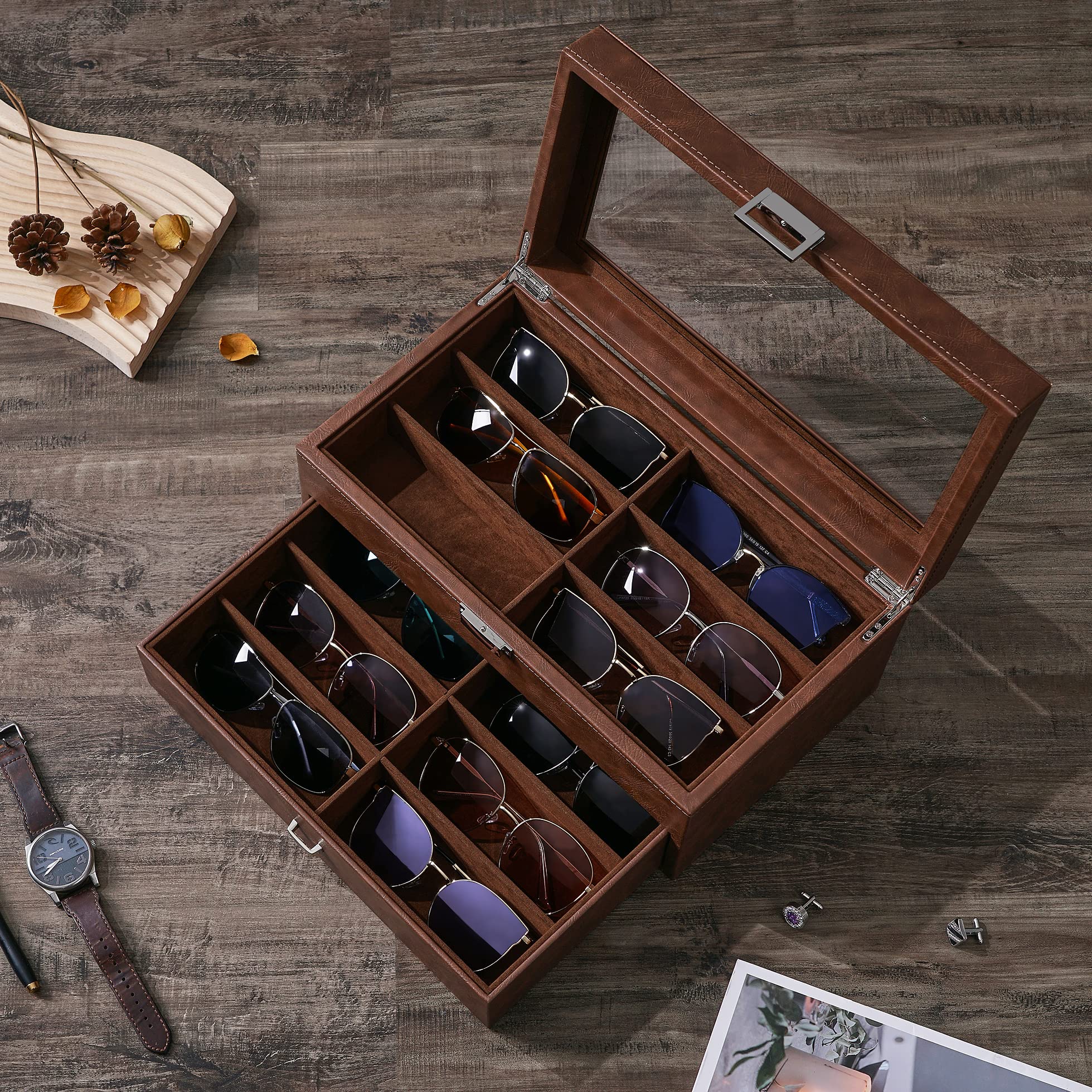 Premium BEWISHOME 12-Slot Luxury Watch Box & Sunglasses Organizer Case for Men and Women - Perfect for Travel, Home Storage, and Gift Giving