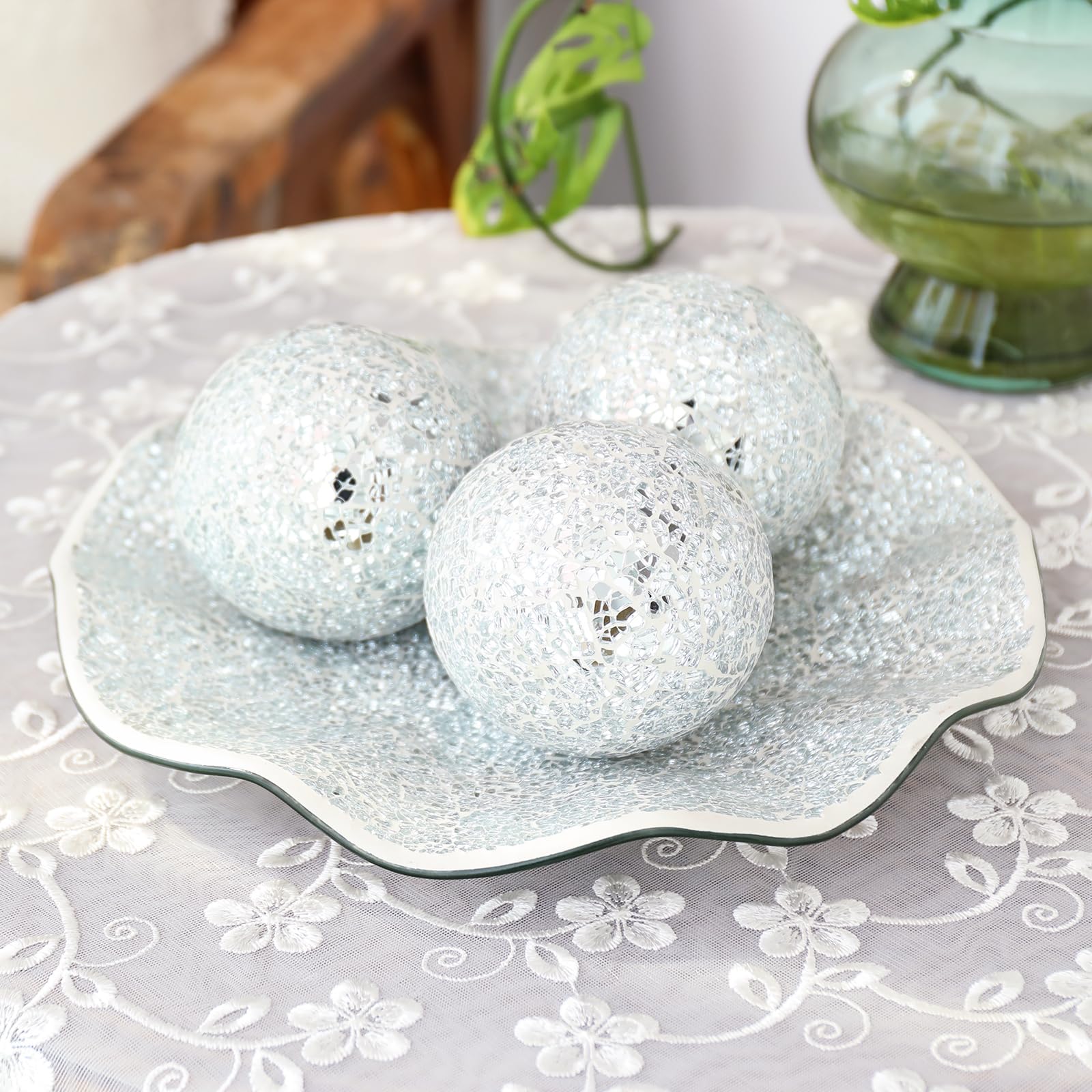 VCUTEKA 4 Inch Decorative Mosaic Glass Balls with Silver Bowl - Elegant Home Decor Centerpiece for Coffee Table, Wedding Party, Holiday Display | Perfect for Living Room, Dining Table, and Event Decorations