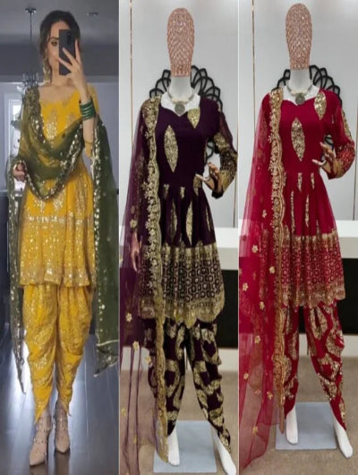 Stylish Magenta & Gold Embroidered Dhoti Salwar Suit for Women | UK Next Day Delivery | Perfect for Weddings, Festivals & Special Occasions