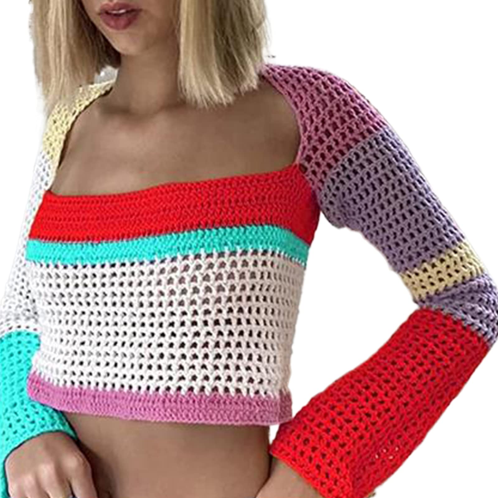 Sunloudy Women's Cropped Knit Top - Long Sleeve Crochet Hollow Out Square Neck Sweater for Fall & Winter - Perfect for Casual Outfits, Date Nights and Office Wear