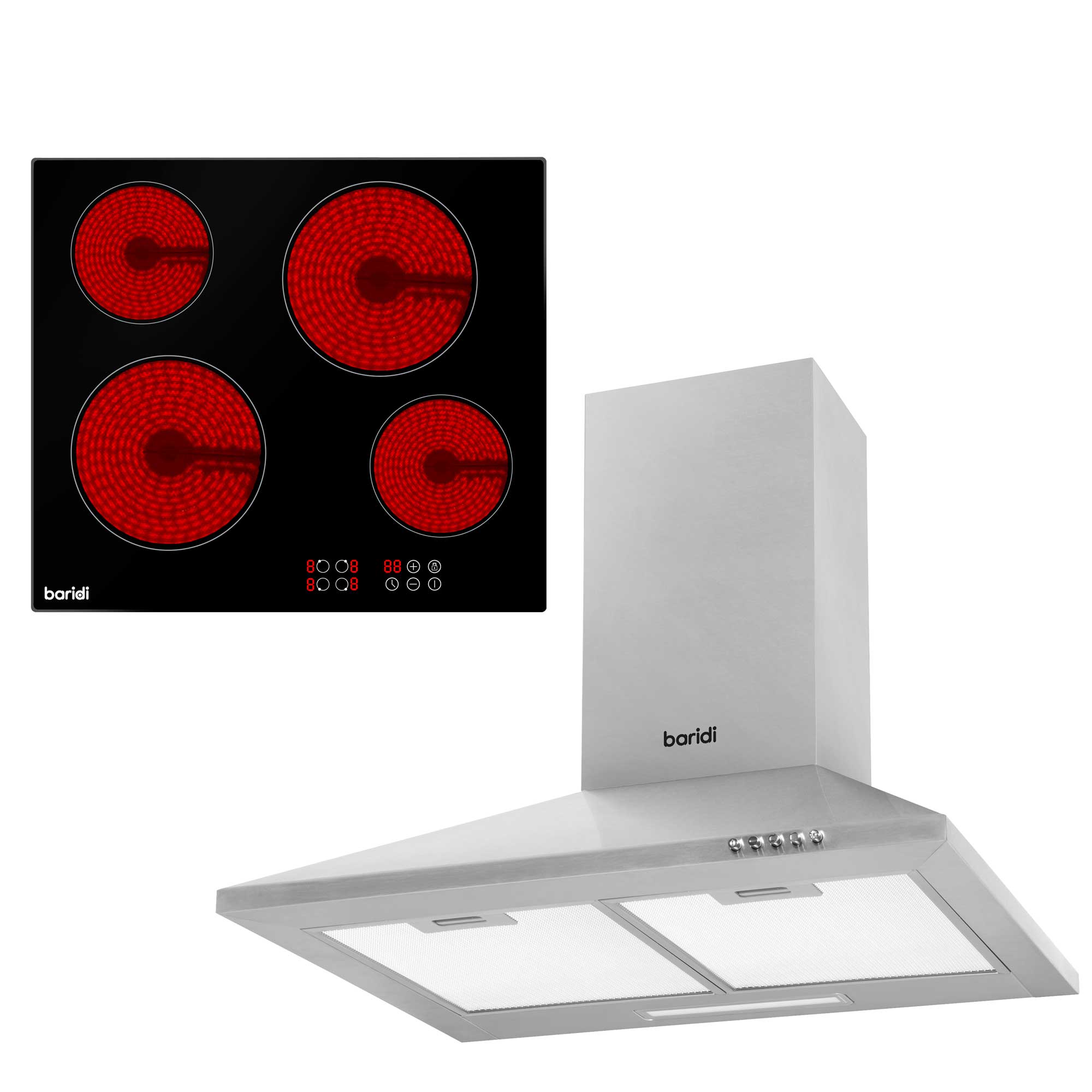 Baridi 4 Zone Ceramic Hob & Chimney Style Cooker Hood Bundle DH181 - Premium Kitchen Appliance Set for Modern Homes | Perfect for Cooking, Baking & Entertaining