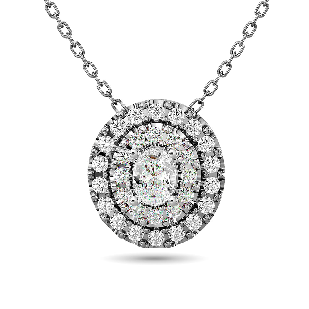 3/8 ct Oval Cut Diamond Double Halo Pendant in 14K White Gold - Elegant Necklace for Wedding, Anniversary & Special Occasions