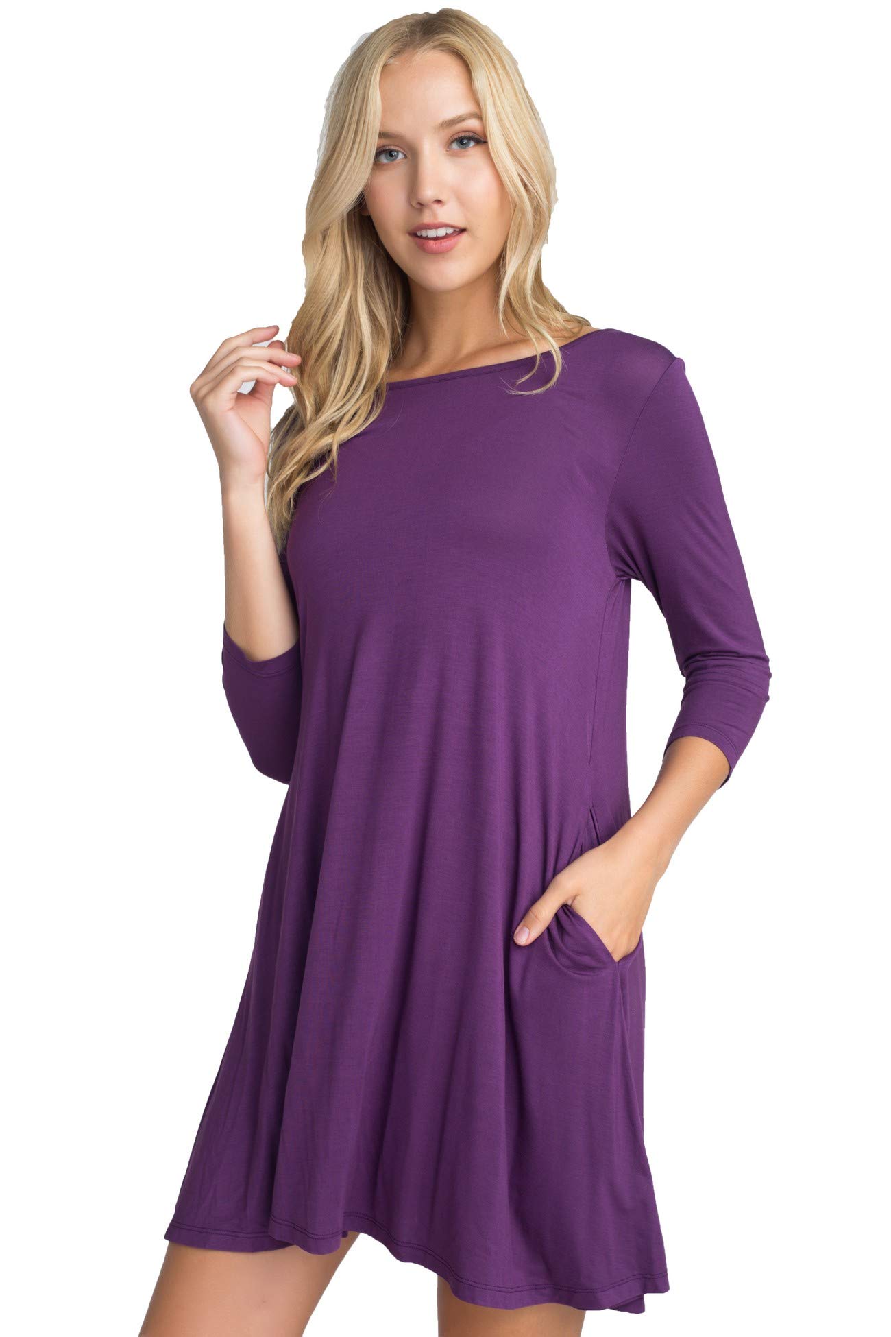 YELETE Women's 3/4 Sleeve Flowy Swing Dress with Pockets - Casual Summer Dress for Beach, Vacation & Everyday Wear