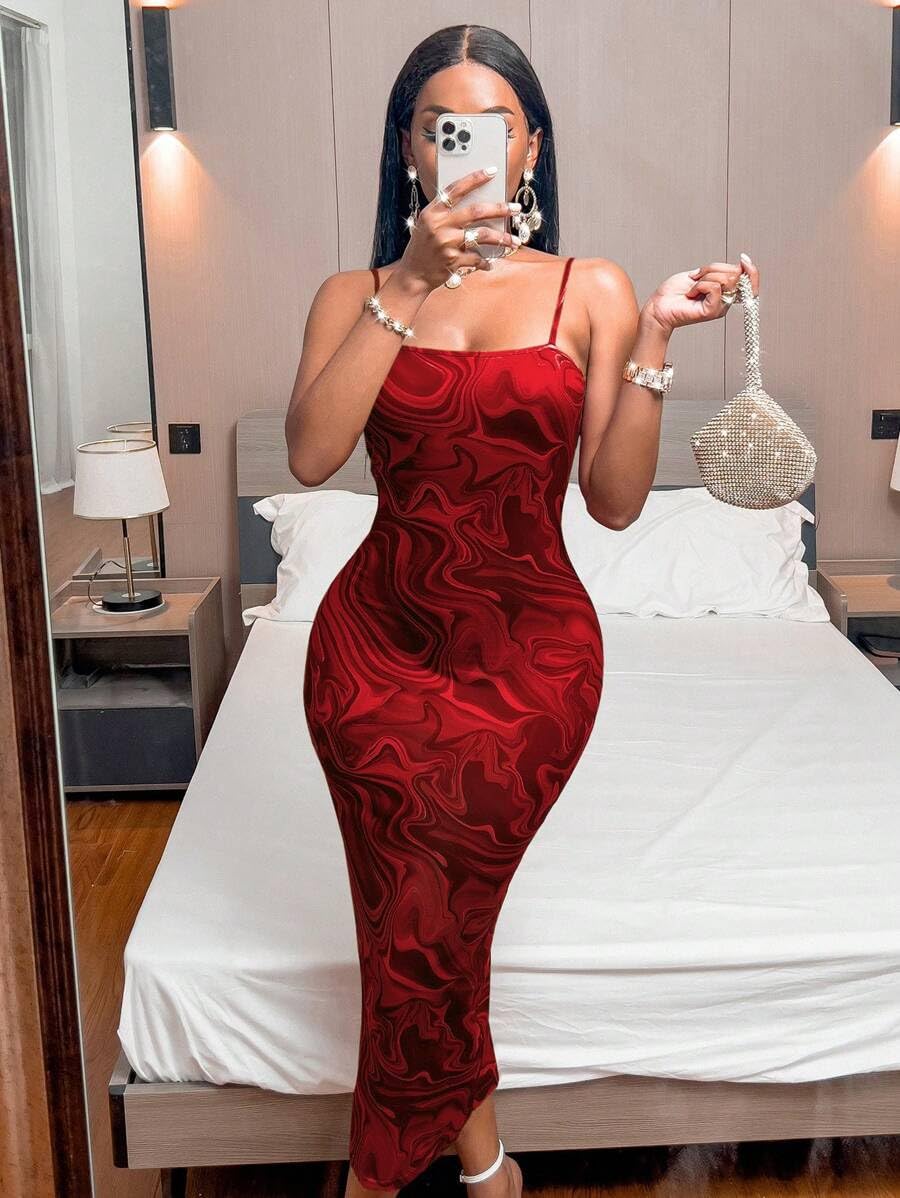 Women's Summer Floral Print Bodycon Midi Dress - Sexy Cami Long Dress with Back Slit for Party, Club & Night Out | Perfect for Beach Vacations, Date Nights & Summer Events