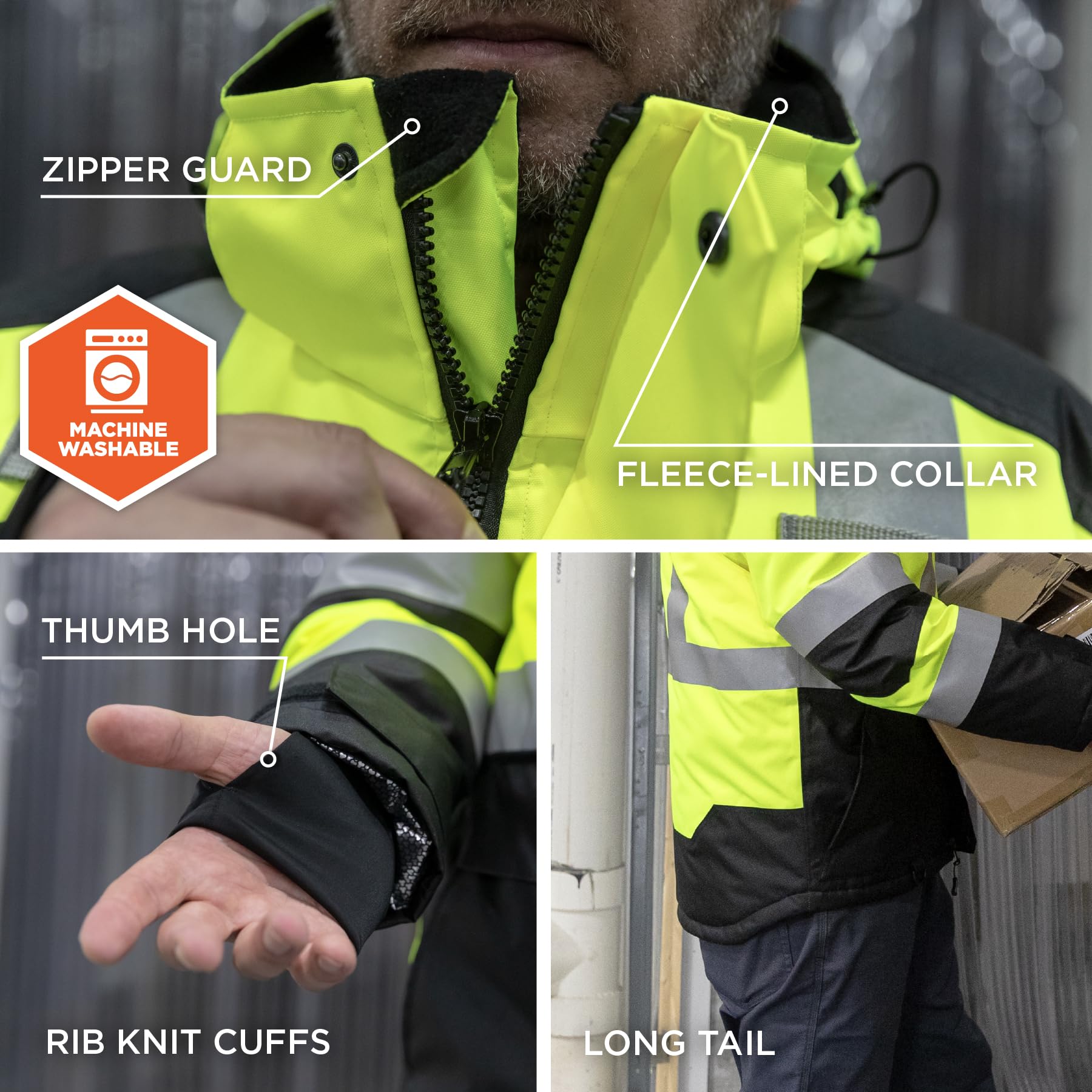 Ergodyne Hi-Visibility Safety Jacket with Heat Reflective Lining - ANSI Certified for Construction, Road Work & Outdoor Winter Activities