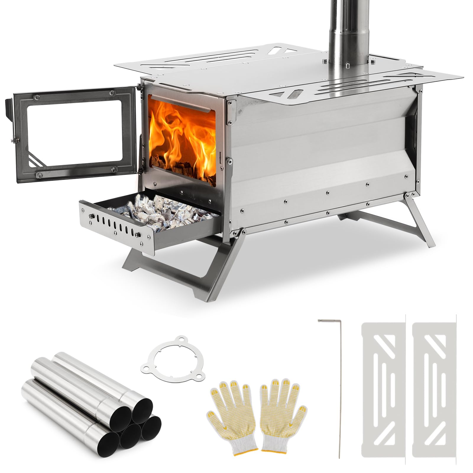 Portable Outdoor Wood Burning Stove with Chimney Pipe - Camping Stove for Cooking, Backpacking & Tent Use - Includes Viewing Glass for Flame Monitoring