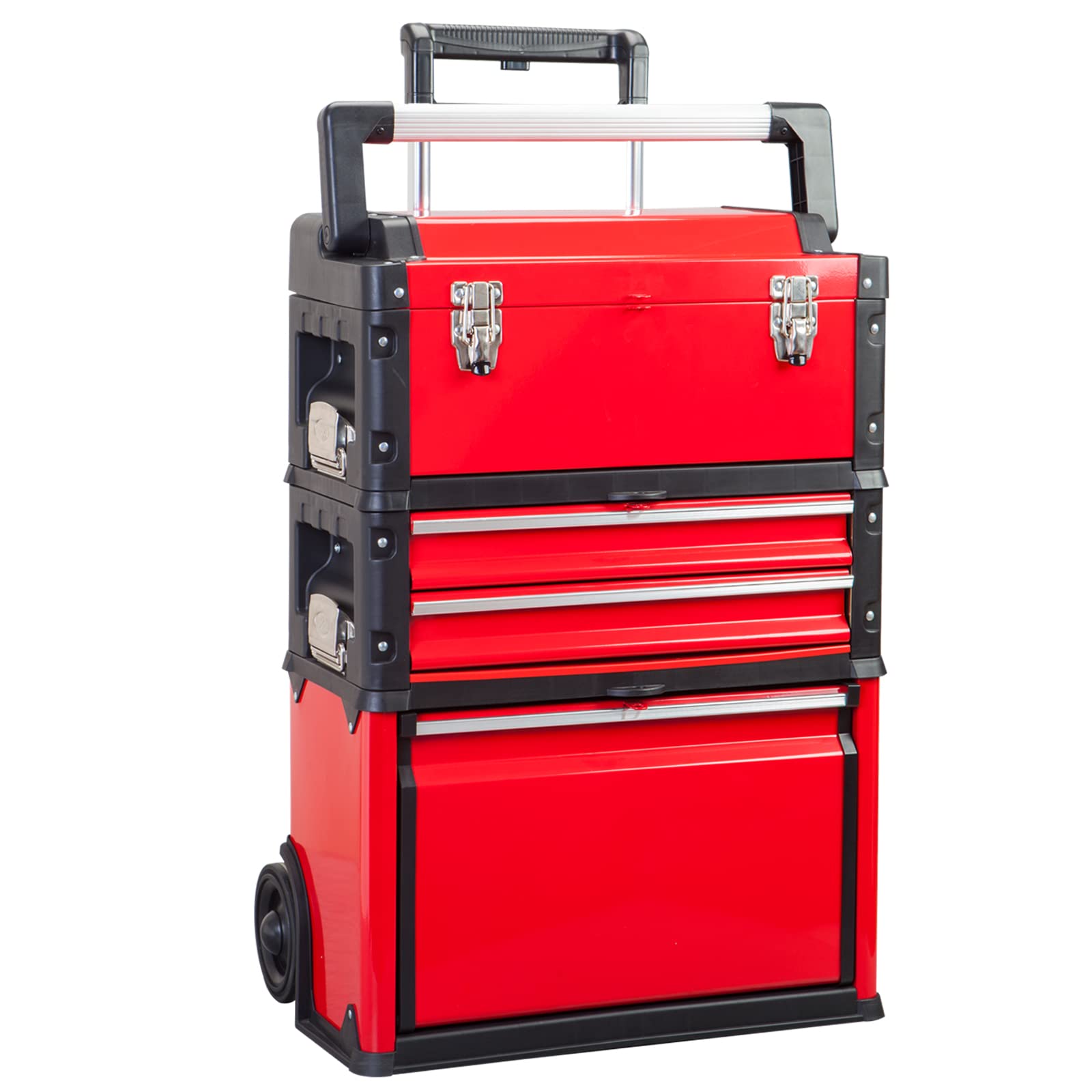 BIG RED Stackable Portable Metal Tool Box Organizer with Wheels & 2 Drawers - Rolling Upright Trolley Tool Chest for Garage, Workshop, or DIY Projects - Heavy Duty Tool Storage Solution - Perfect for Mechanics, Carpenters, and Home Improvement (Red, ATRJF-C305ABDR)