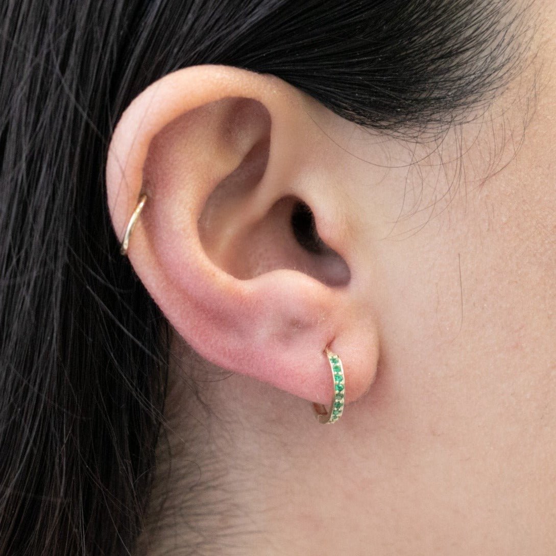14K Solid Yellow Gold Emerald Cartilage Hoop Earrings - Elegant Dainty Jewelry for Women, Perfect for Everyday Wear & Special Occasions