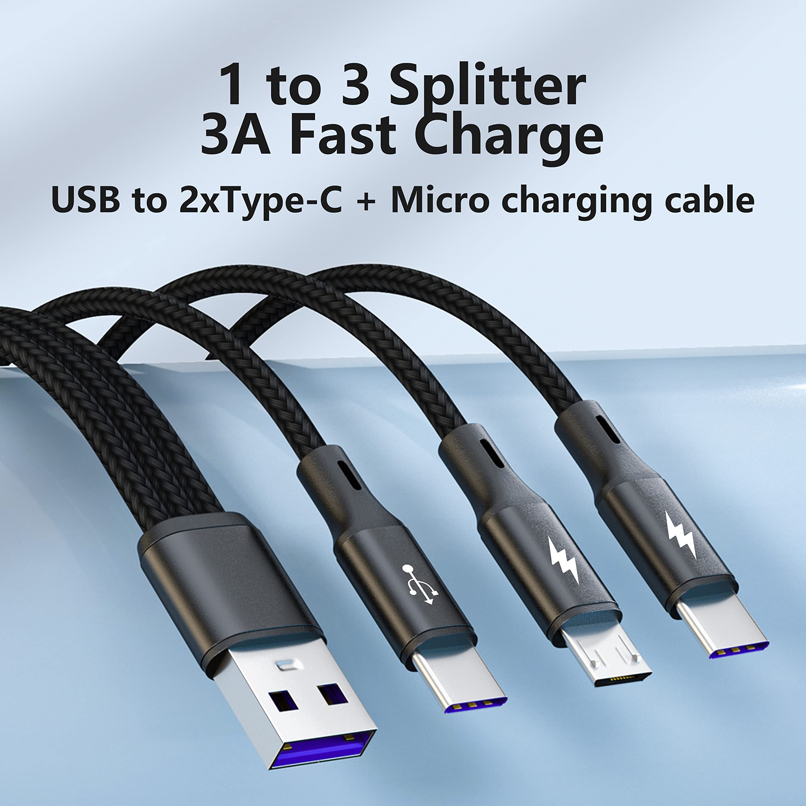 GELRHONR 5A Fast Charging USB C Splitter - 3-in-1 USB A to Dual Type-C + Micro USB Cable (3.9FT/1.2M) Nylon Braided Charger for iPhone, Samsung, Android Phones - Perfect for Home, Office & Travel Charging Needs