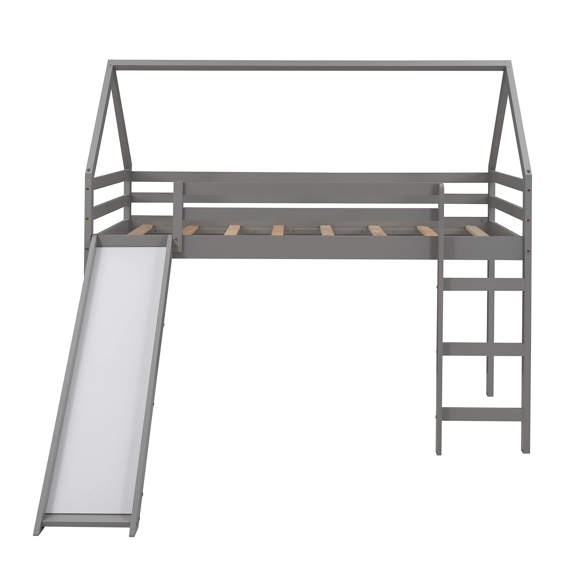 Twin Size Loft Bed with Slide - Kids House Bed with Roof & Ladder, Space-Saving Wooden Bed Frame, No Box Spring Needed (Gray) - Perfect for Small Bedrooms, Playrooms & Kids' Sleepovers